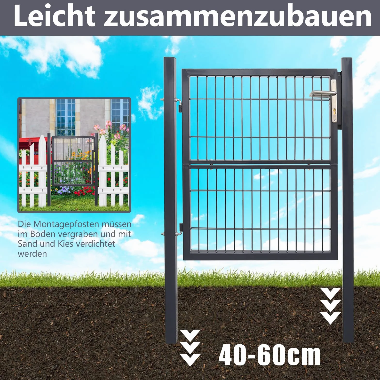 Daromigo Portail de jardin en métal - 120 x 100 cm - En acier galvanisé - Avec poignée, serrure et 3 clés - Porte de clôture robuste - Clôture de jardin - Anthracite