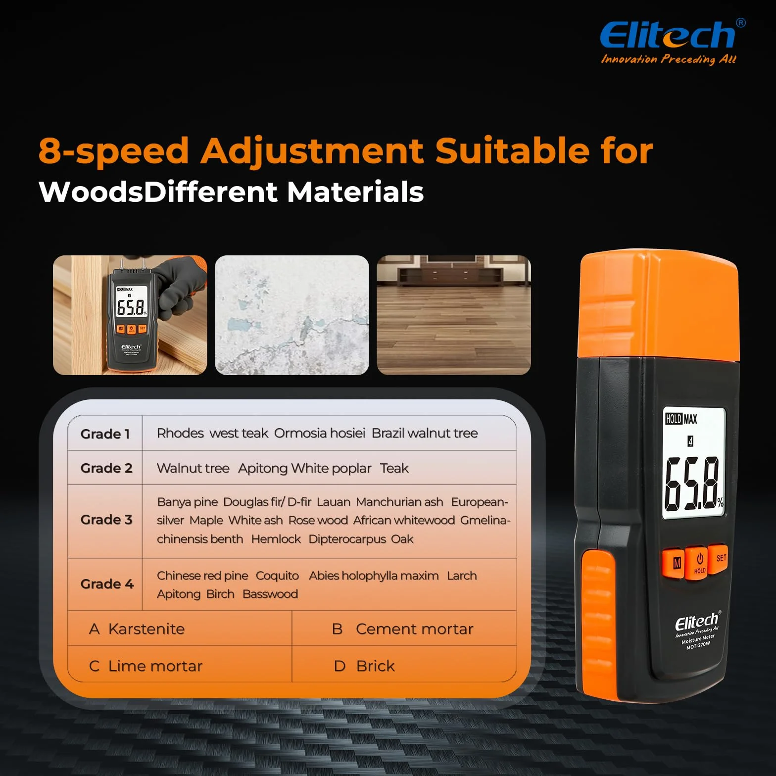 Elitech Humidimètre Numérique pour Bois MOT-270W, Testeur d'Humidité Précision ±2%, Sondes 9,8 mm