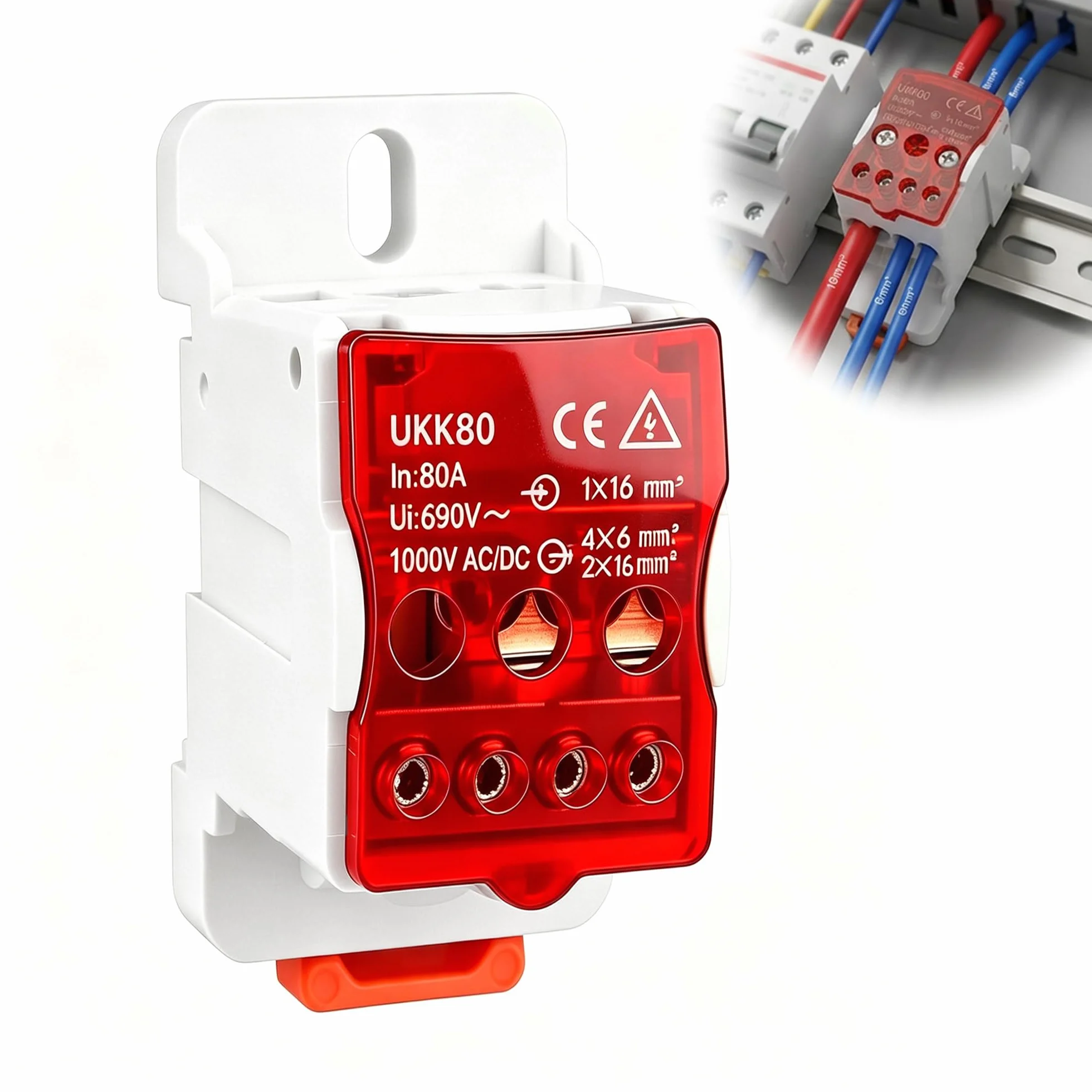 Bornier Electrique Rail Din UKK-80A 690V Boîte De Jonction Distribution Avec Couvercle Protection Rouge