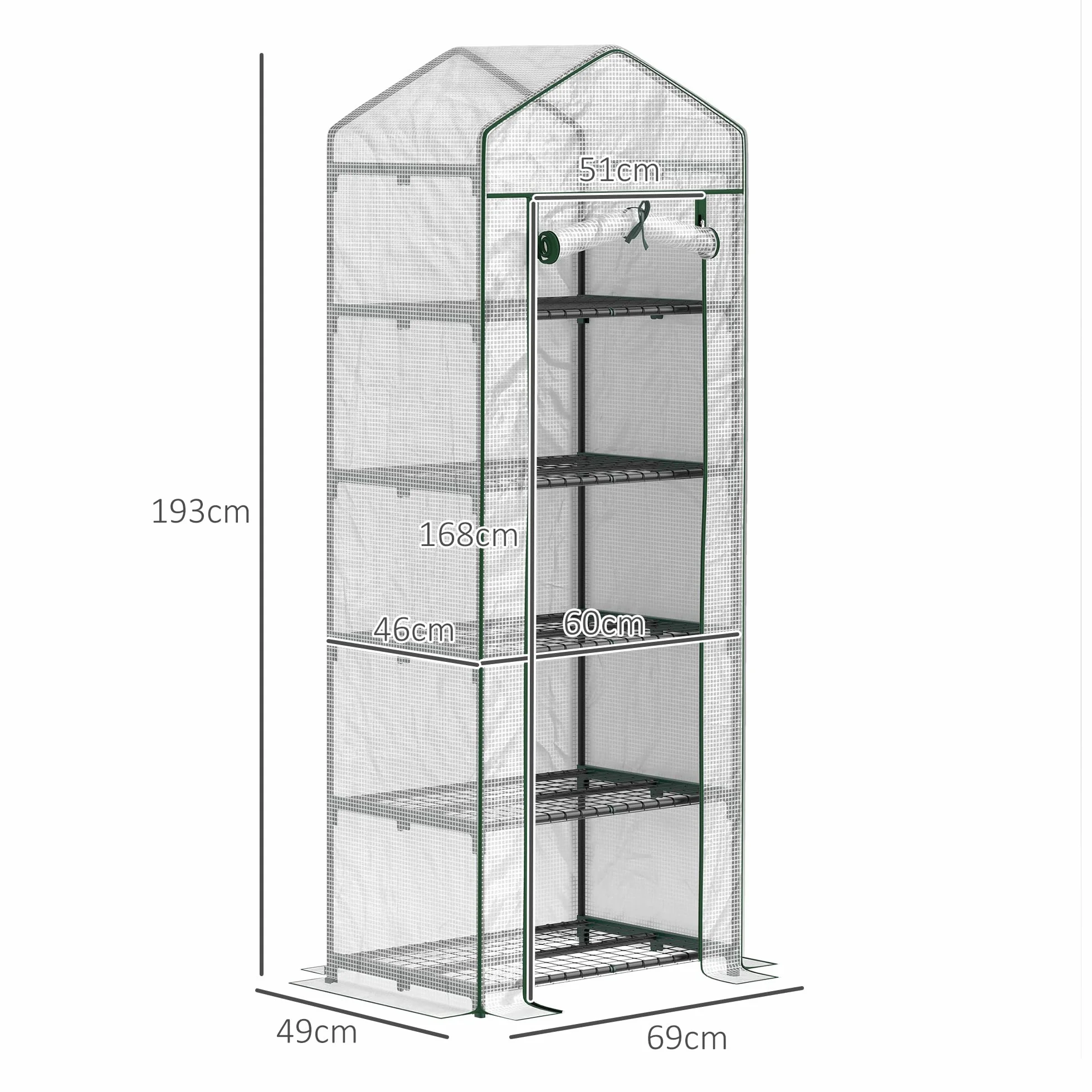 Outsunny Serre de Jardin PE avec étagères 5 Niveaux, Serre de Balcon, bâche renforcée, châssis en Acier, Porte zippée Enroulable, pour légumes Plantes Fleurs, 69 x 49 x 193 cm, Blanc