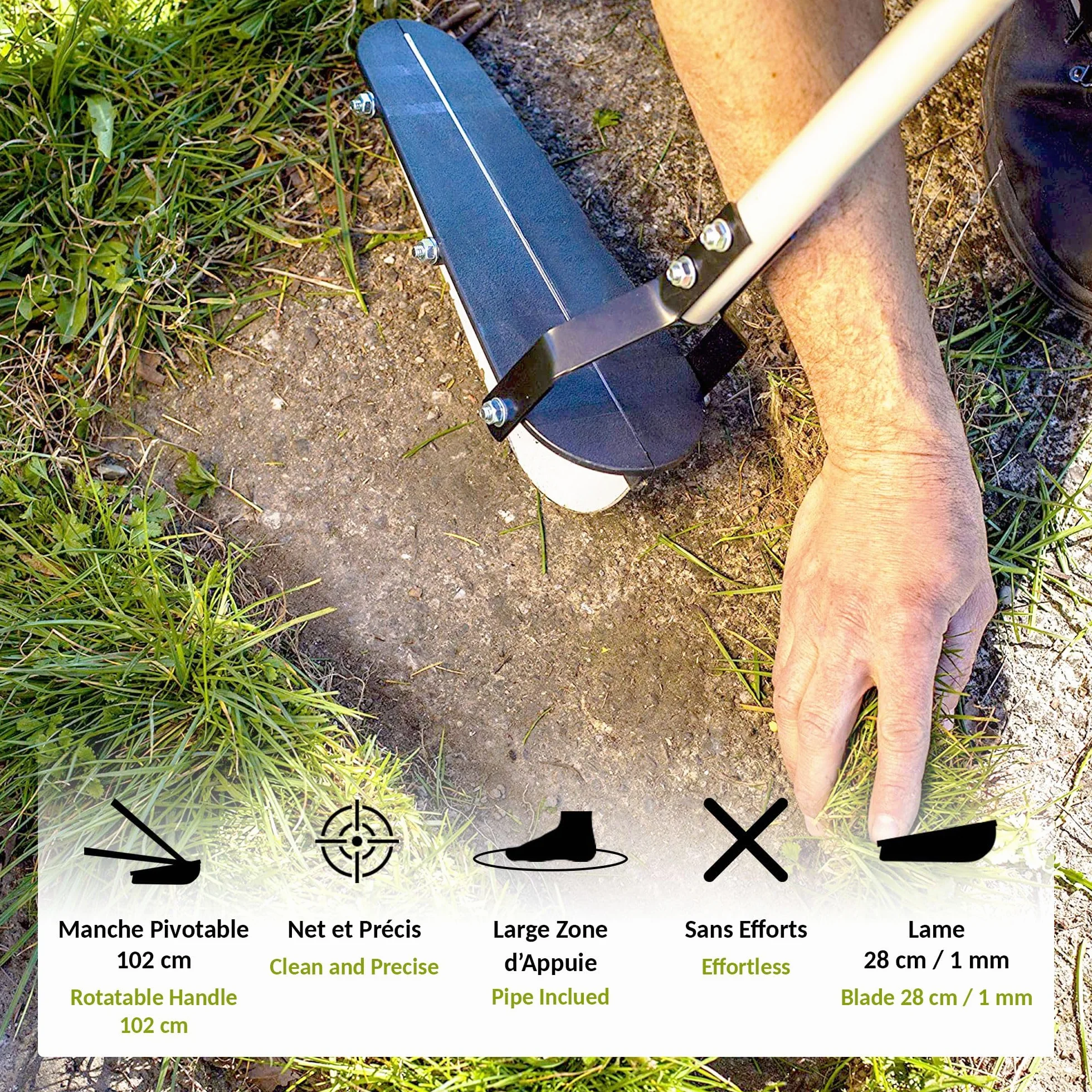 FISHTEC - Dresse Bordure de Jardin - Coupe Bordure Manuel - Lame Acier Tranchante 28 cm - Manche Pivotable & Maniable 102 cm - Permet de Délimiter Facilement Votre Pelouse - Large Zone d'Appui du Pied