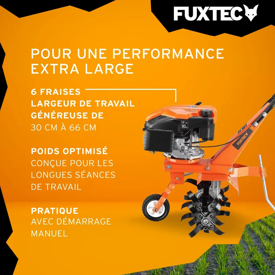 Fuxtec Motobineuse Thermique FX-AF1139 Set Motoculteur Essence Moteur 4 Temps 139cm3 2,2kW avec Extension De La Largeur De Travail De 36 à 66cm Cultivateur Profondeur Réglable Jusqu’à 30cm