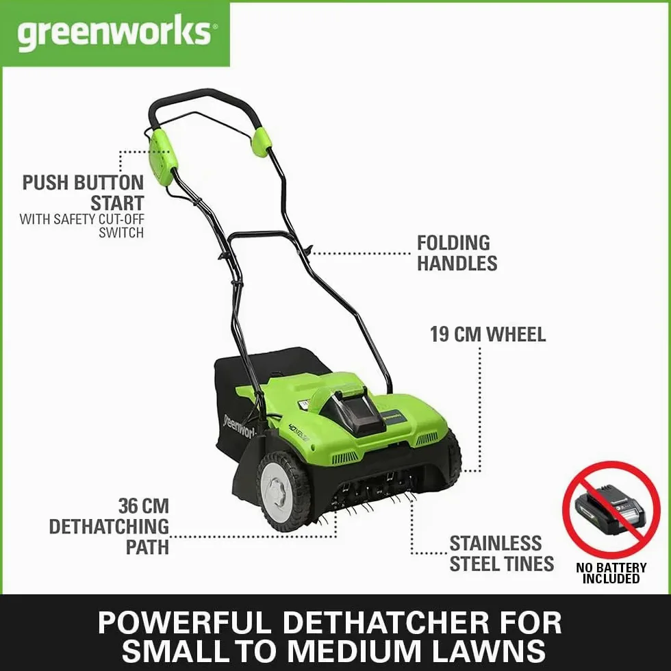 Greenworks 40V Scarificateur électriques Aérateur à Gazon Sans Fil, Émousseur, 3600 tr/min, Largeur de Travail 36 cm, Bac de Ramassage 30 L SANS Batterie Chargeur G40DT35