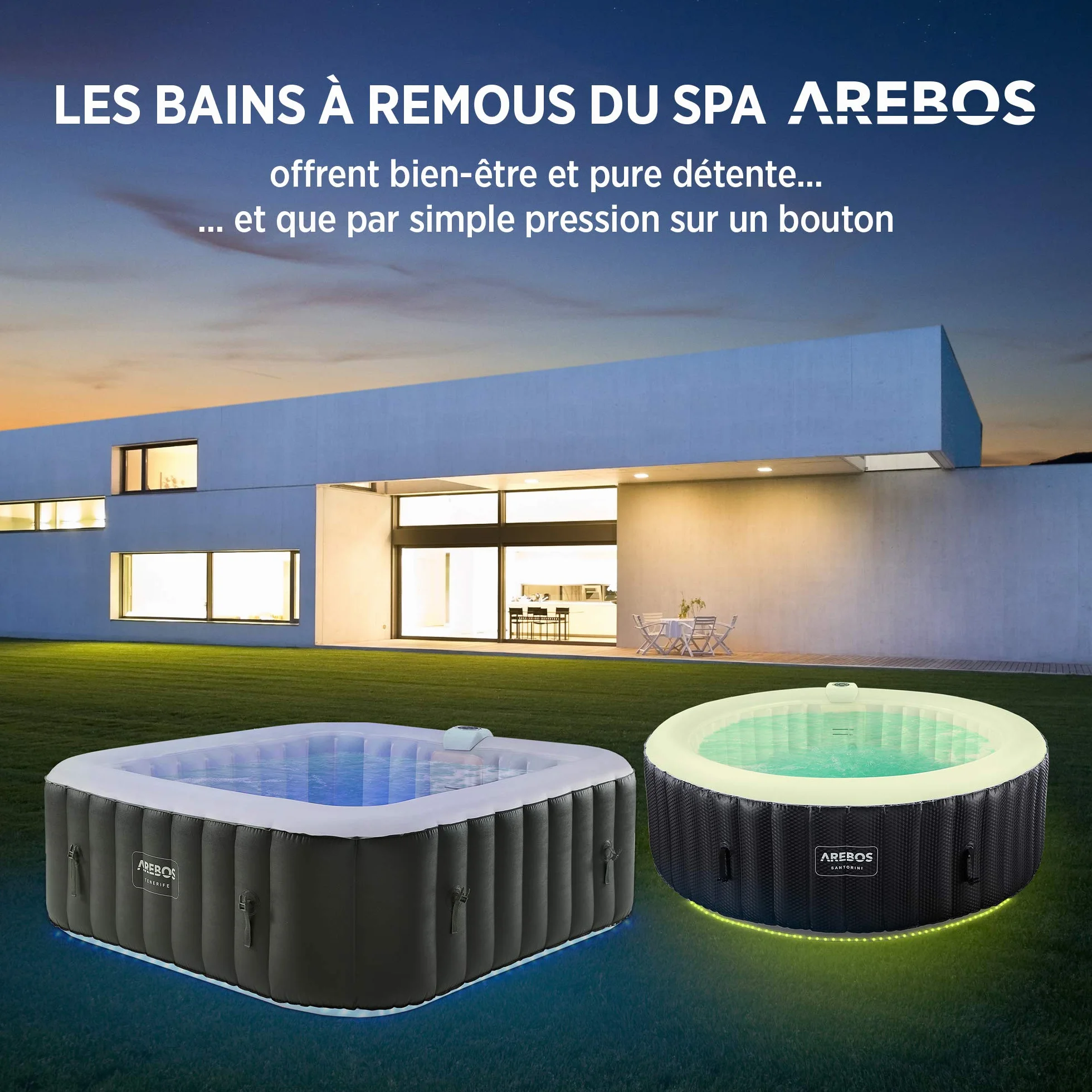 Arebos Spa Gonflable 185x185cm 6 Personnes 130 Jets LED Bulles Massage Automatique
