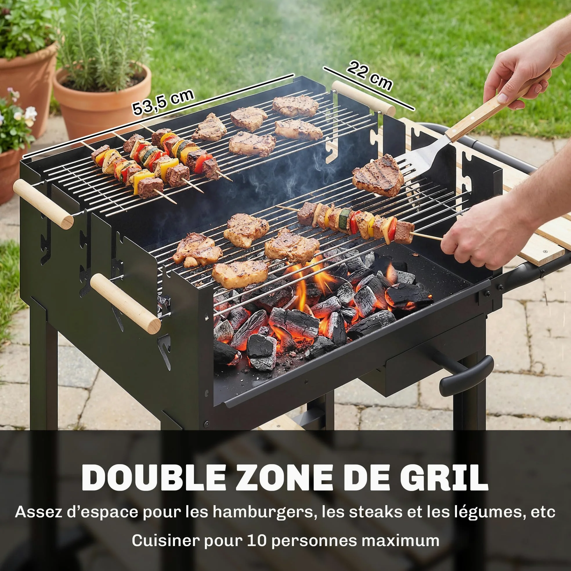 Outsunny Barbecue au Charbon de Bois avec 2 Grilles Réglableset 3 Accessoires, Chariot à Barbecue de Bois, Tablette Latérale, Récupérateur de Cendres et Roues, pour Jardin, Terrasse, Camping, Noir