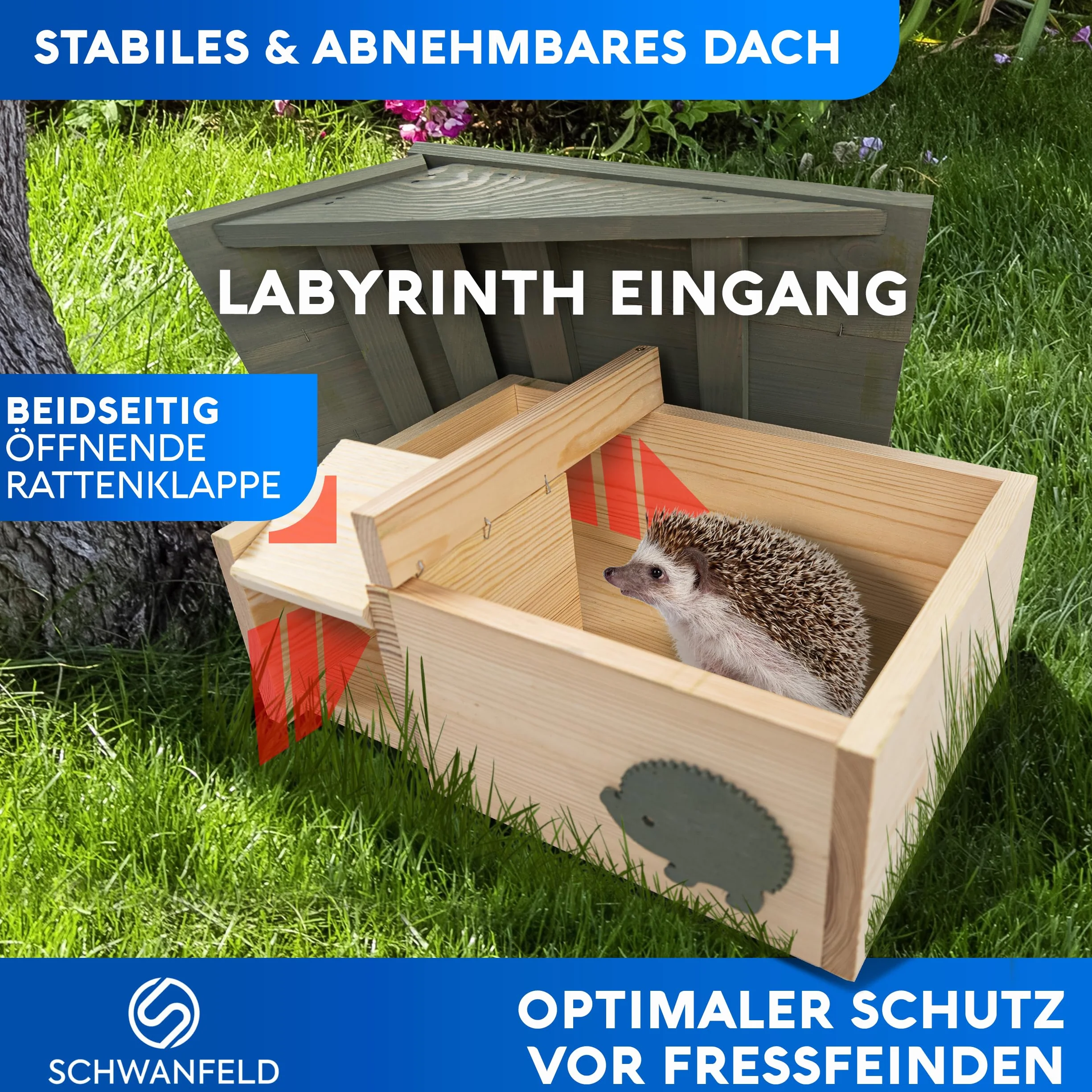SCHWANFELD® Maison pour hérisson XXL avec fond et clapet à rat – Mangeoire avec entrée labyrinthe