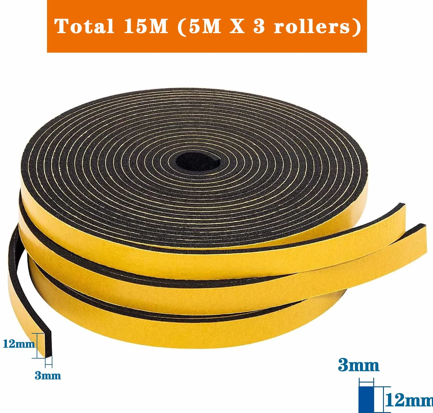 Joint Adhésif Isolation Fenêtre Porte en Mousse Caoutchouc 12mm x 3mm x 15m Noir