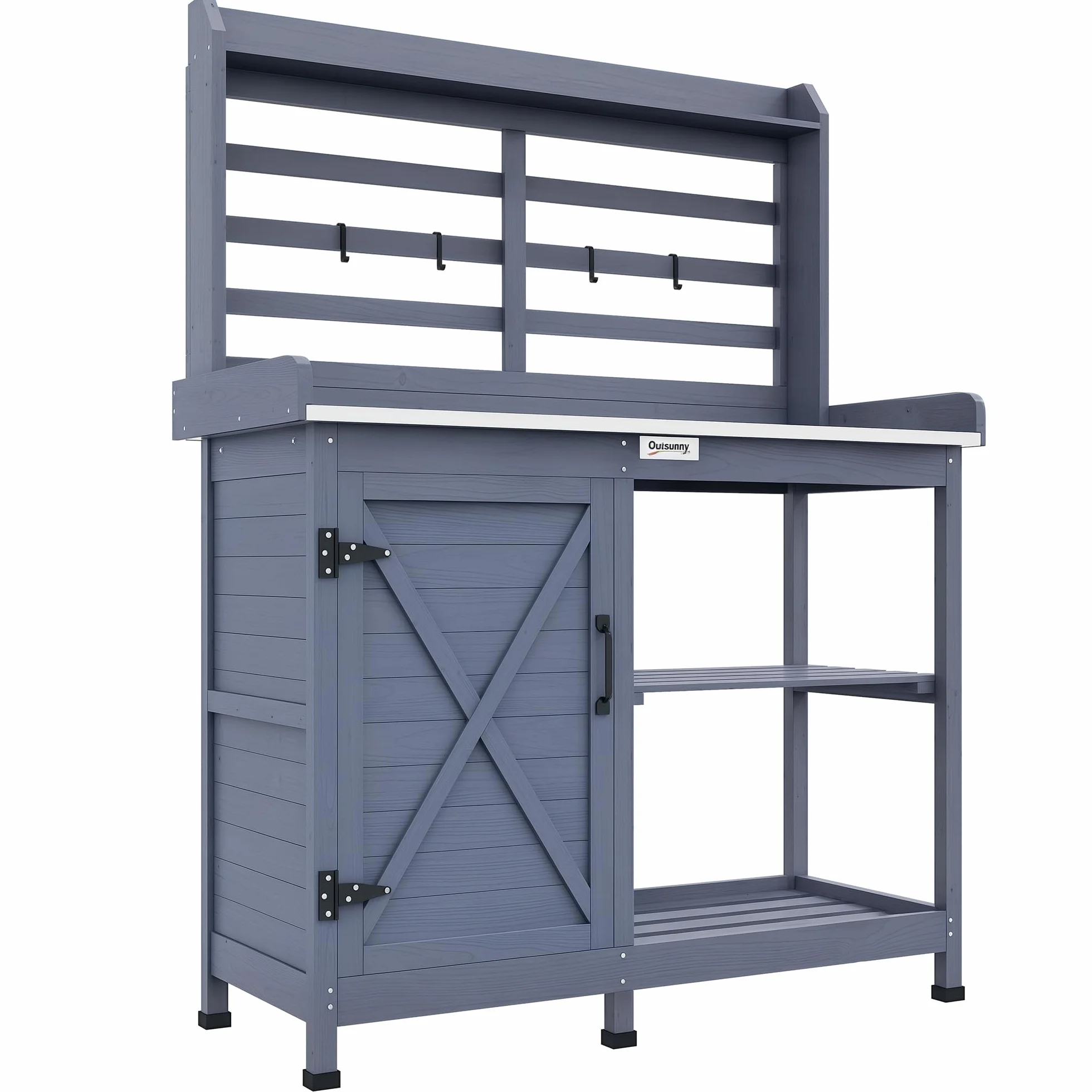 Outsunny Table de jardinage en bois avec armoire et étagères, 112 x 47 x 146cm, gris