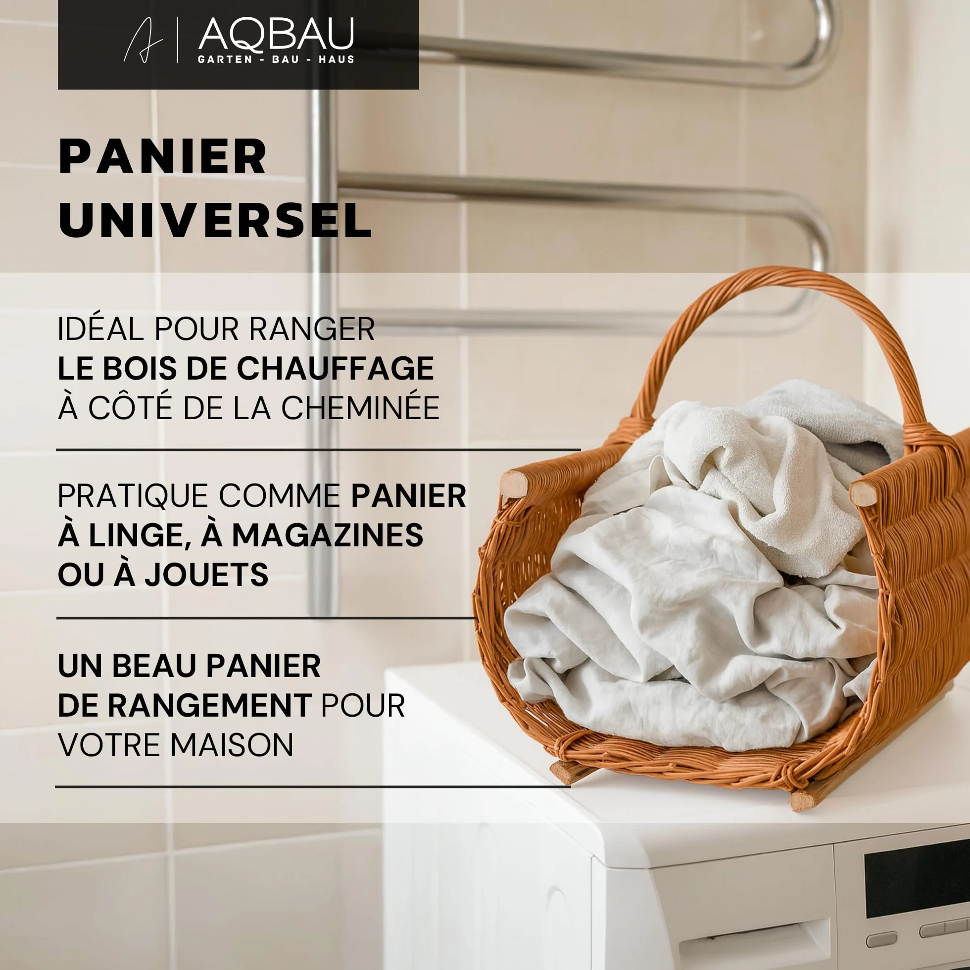 Panier à bois XXL 60 x 44 cm en osier avec lattes en bois – Support à bois de cheminée stable – Panier fait main pour bois de feu, rangement ou décoration, paniers en bois, panier à bois