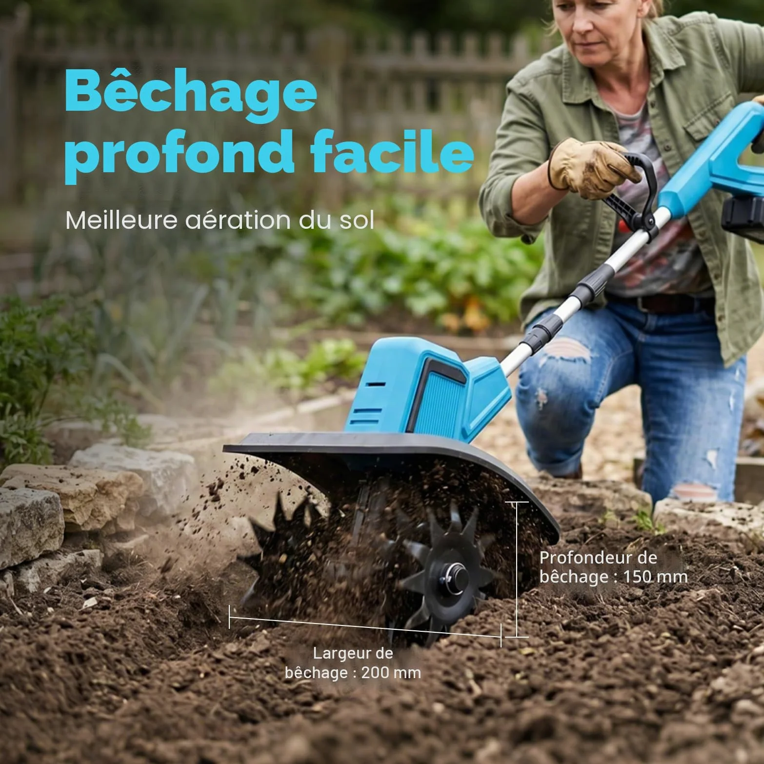 Hachoir de sol sans fil pour Makita 18 V, 550 W, profondeur de travail du sol, largeur d'usinage de 20 cm, 360 tr/min, profondeur de fraisage avec poignée supplémentaire réglable