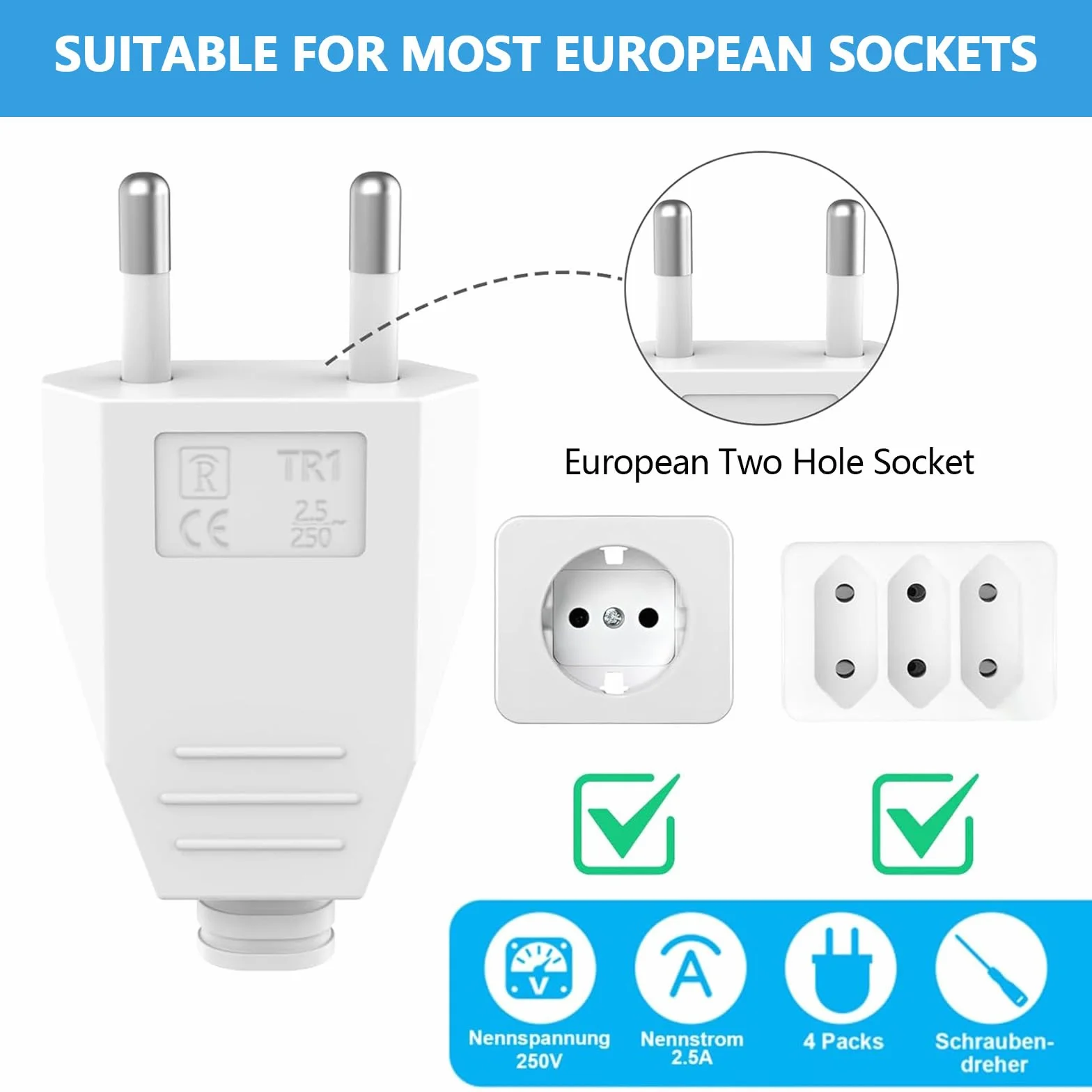 Fiche Européenne Plate 250V 2.5A Prise Electrique Mâle Euro Schuko