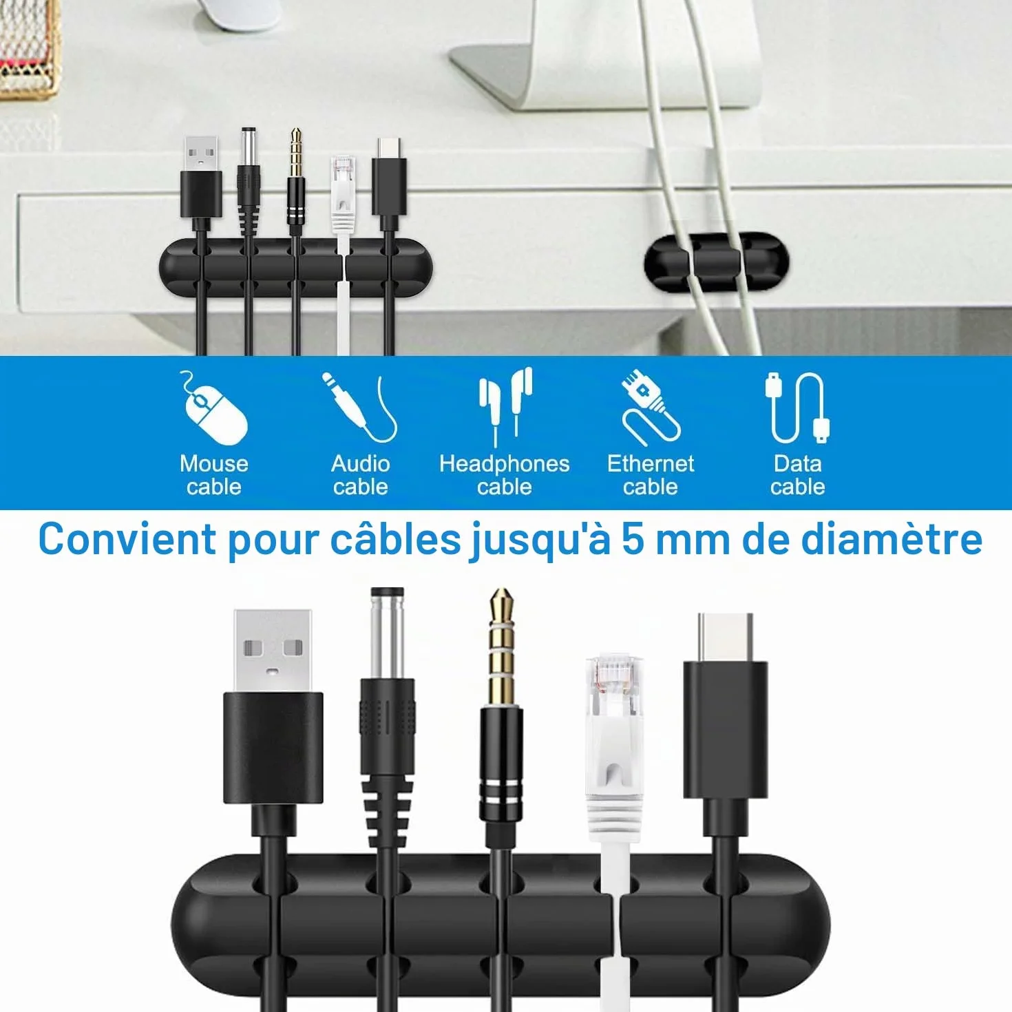 Clips Câble Adhésif en Silicone Différentes Tailles, Attache Cable Adhésif pour Bureau Voiture Maison, Gestion Câbles USB Souris Écouteur