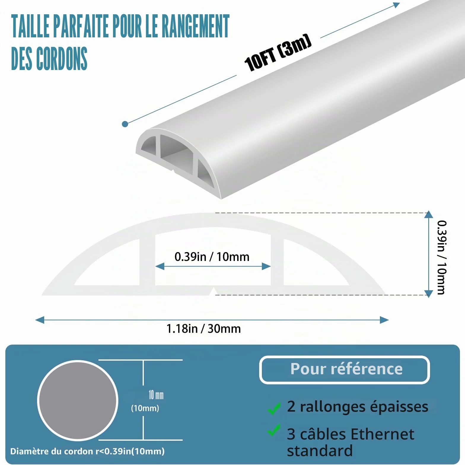 Passe-câbles autocollant 3 m PVC flexible Protection câbles Prévention trébuchements Blanc