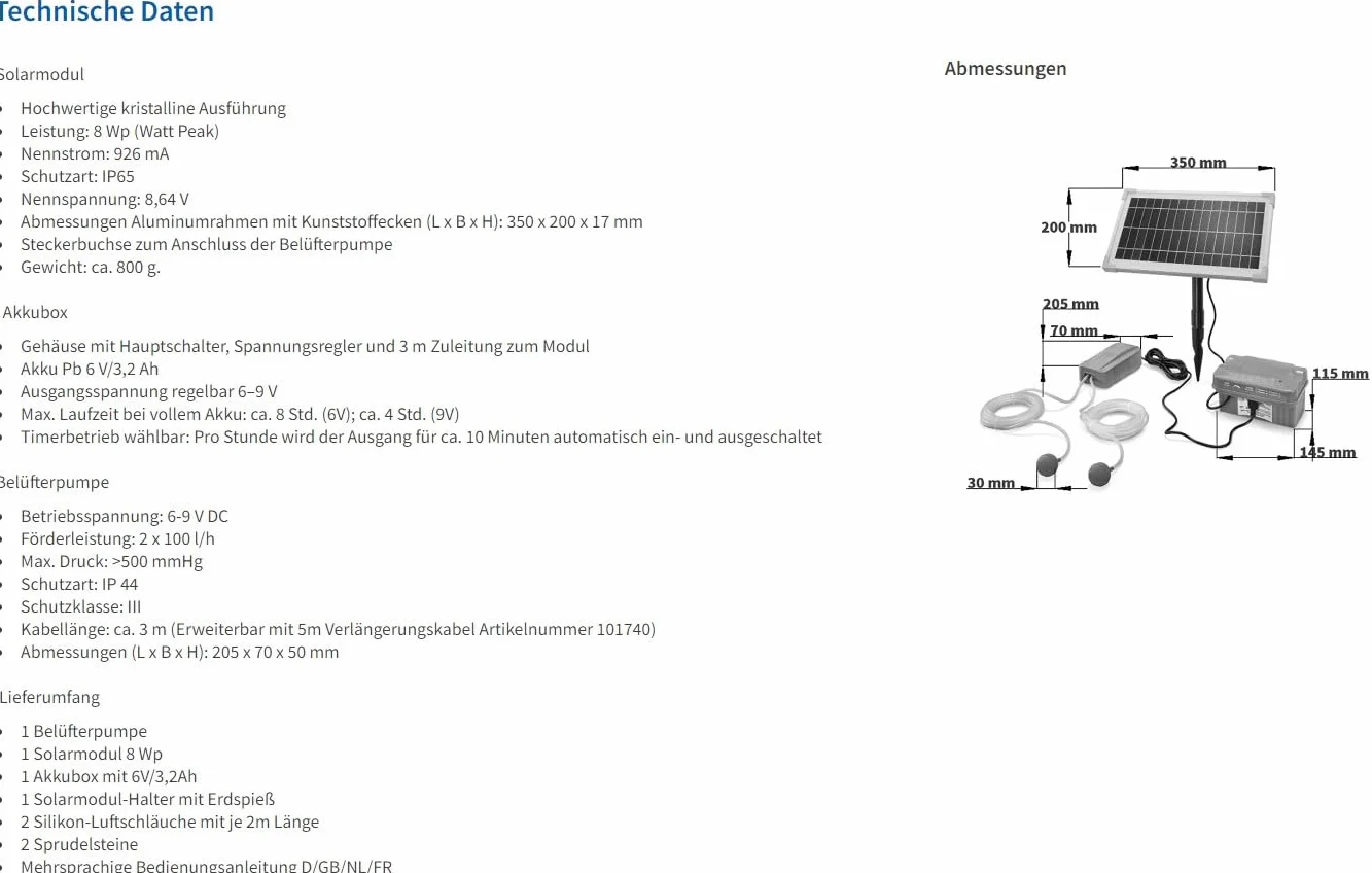 Aérateur de Bassin Solaire Professionnel avec Akkuspeicher – 8 W Solar Modeul 200 L/H Air – Extragroßes Solar Modeul Plus Batterie – Pompe à oxygène pour Bassin Esotec Pro 101846
