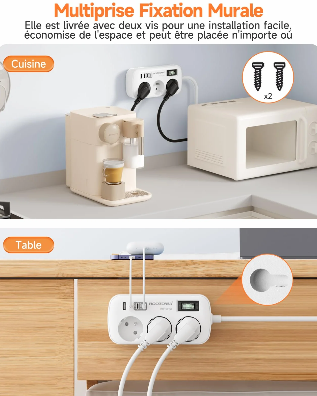 Multiprise 3 Prises 4 USB 2 USB-C Parafoudre Surtension Interrupteur Câble 1,5 m Fixation Murale Blanc 16A 4000W