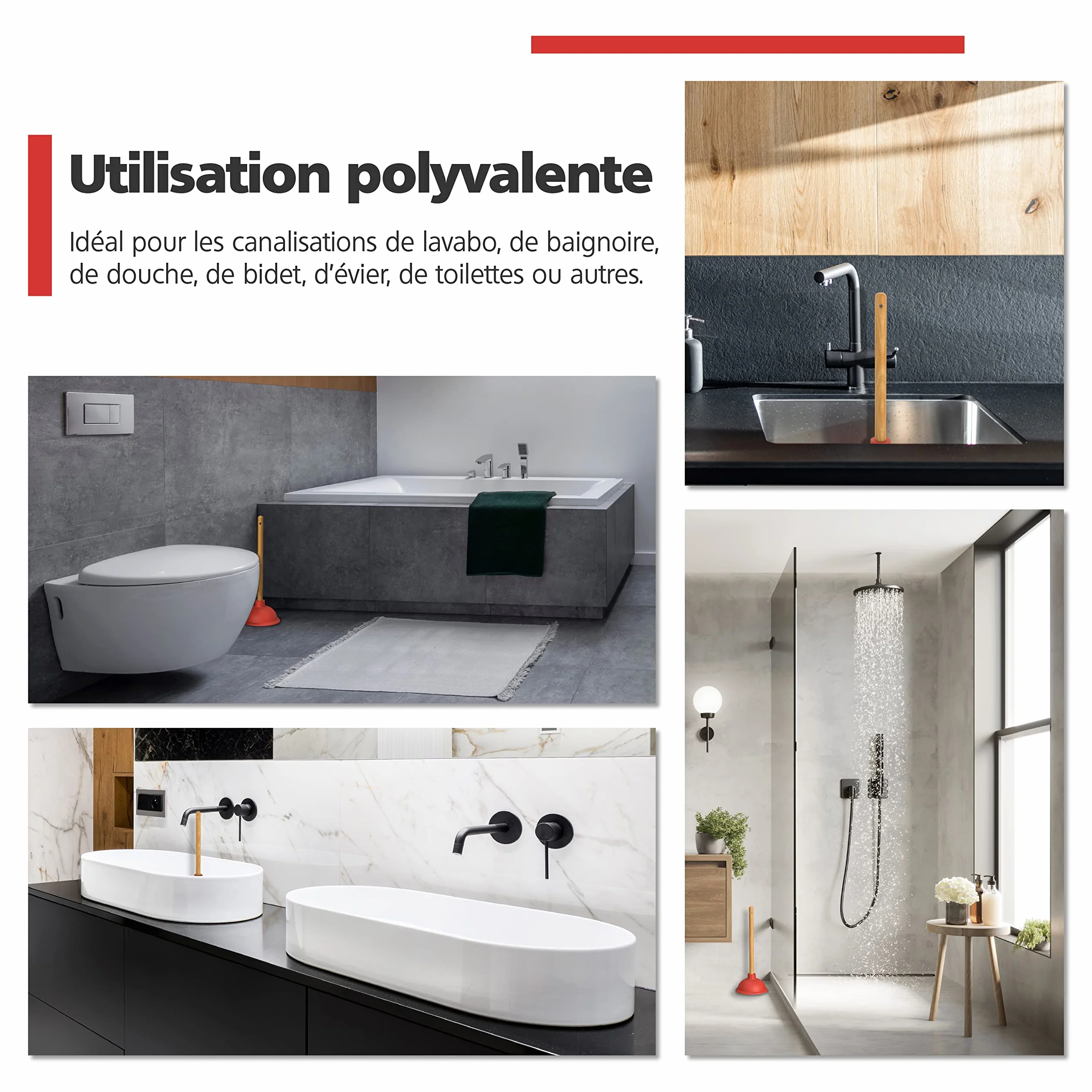 Nirox Déboucheur à ventouse 110 140 mm Débouchage canalisation avec poignées en bois sans produits chimiques