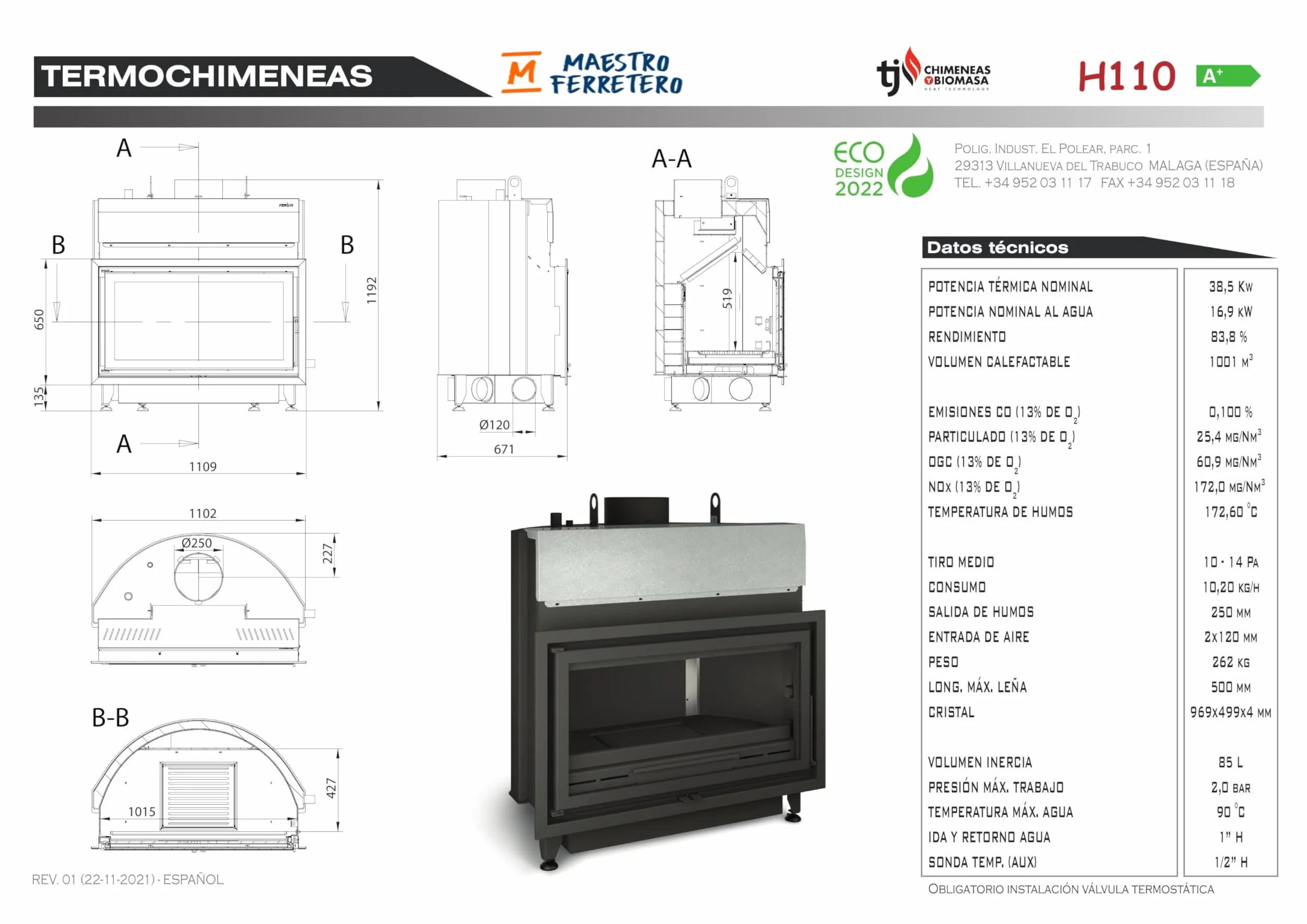 Chaudière à bois H110 38,5 kW chauffage central 400 m² rendement 83,8% sortie fumée 250 mm
