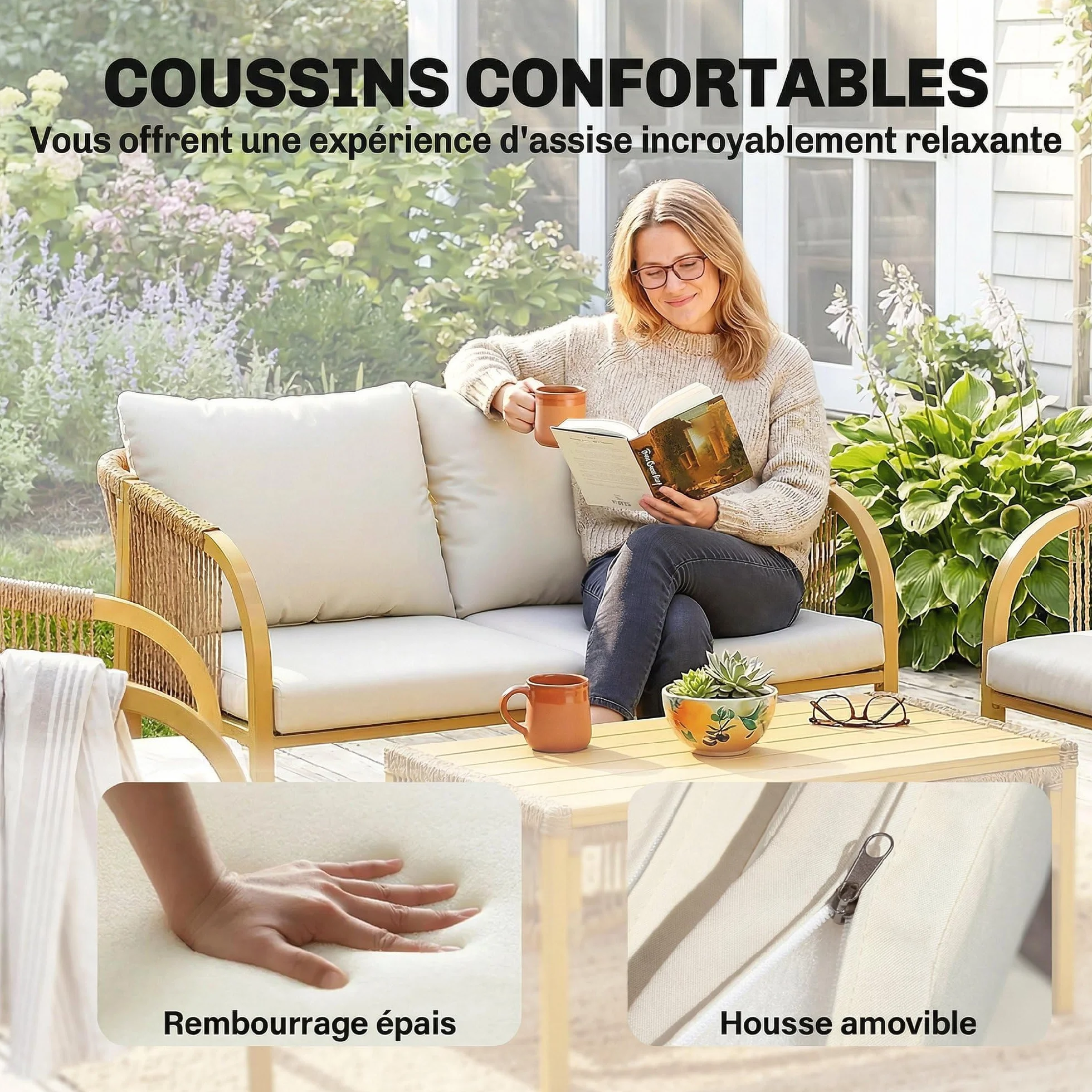 Outsunny Salon de Jardin Extérieur Résine Tressée 4 Pièces Canapé 2 Places Fauteuils Table Basse Coussins Déhoussables Plateau Acier Kaki