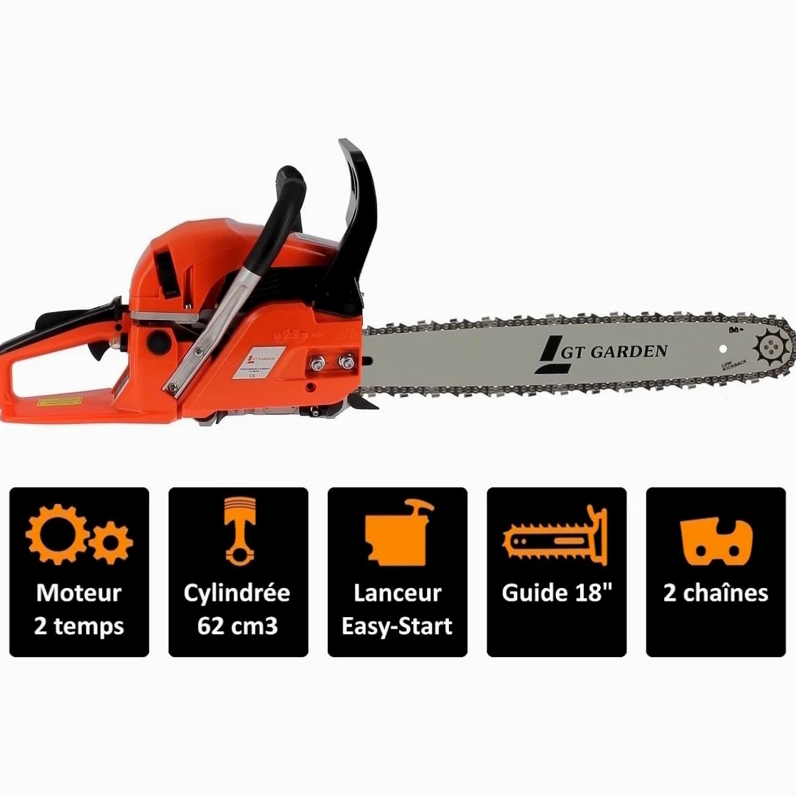 GT Garden Tronçonneuse Thermique 62 cm3, 3.5 CV, Guide 45 cm, 2 chaînes