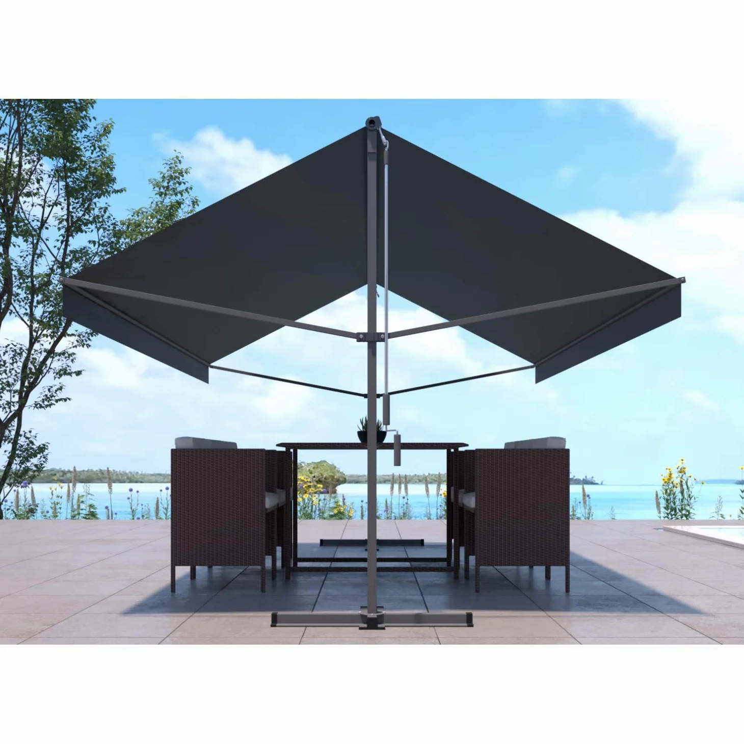 Store Banne Double Pente 4x3m Manuel ISEO Gris - Toile Waterproof 250g/m² Hydrofuge & Anti-UV - Protection Jardin & Terrasse avec Manivelle - Structure Aluminium Robuste - Concept Usine