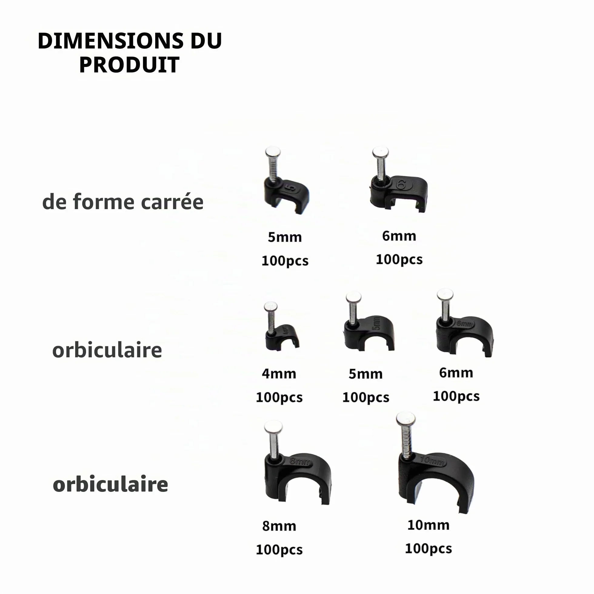 700 Pcs Clips de Câbles Ronds/Carrés, Attaches Câbles Avec Clous, Agrafes Noires, Support de Fil Organisateur pour Câble Ethernet 4-10mm