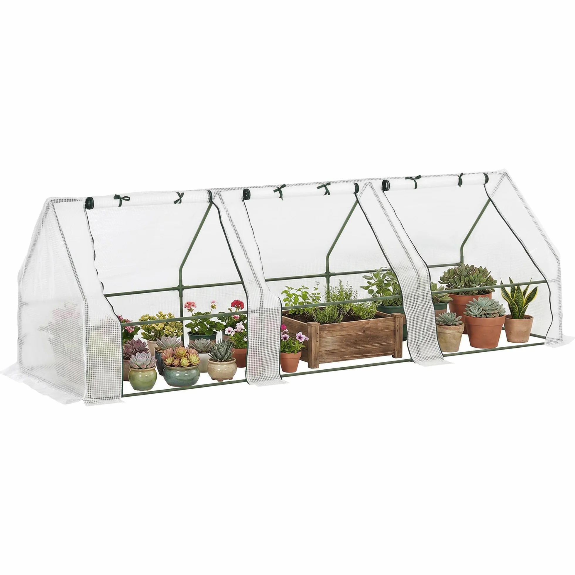 Outsunny Mini Serre de Jardin Mini Serre Tunnel 270L x 90l x 90H cm Toit Pointu Acier PE Haute densité 140 g/m² Anti-UV fenêtres avec Zip enroulables Blanc
