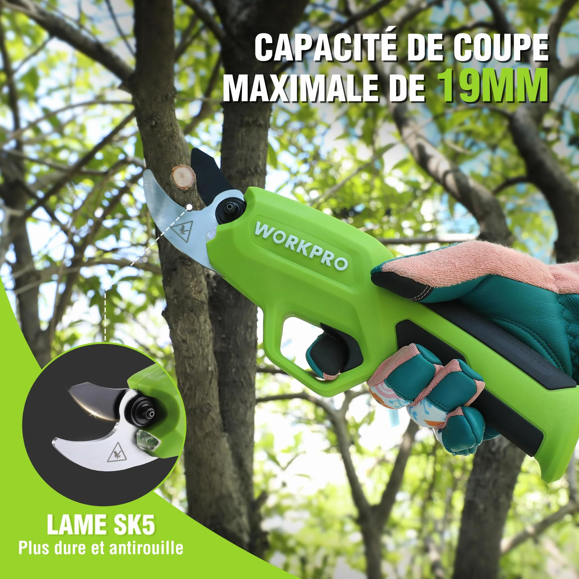 WORKPRO Sécateur Électrique 7,2 V, Professionnel Secateur Electrique avec Lames en SK5, Batterie 2000 mAh, Diamètre de Coupe de 19 mm pour Jardins, Branches et Arbres Fruitiers