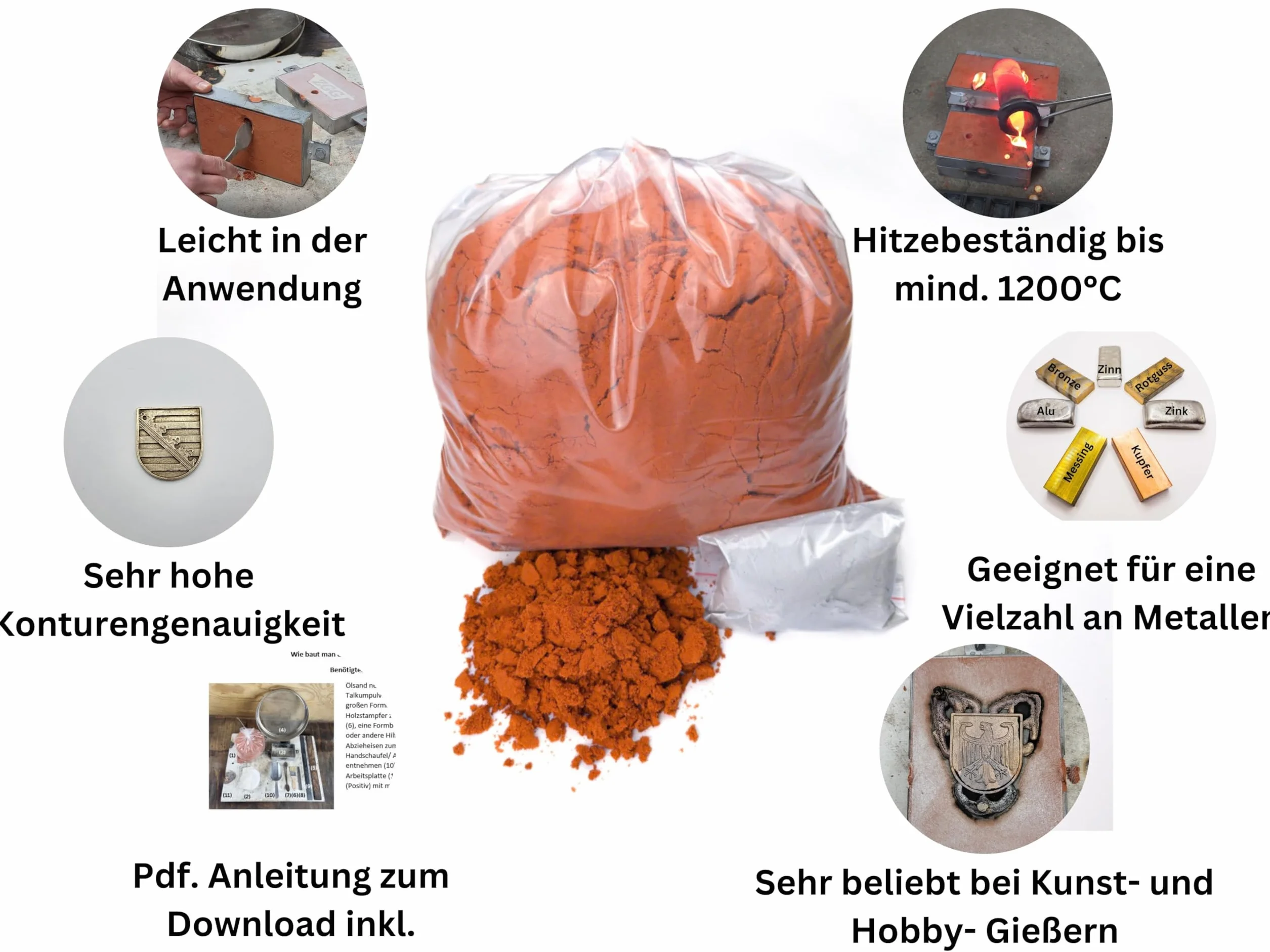 Sable de moulage à l'huile pour fonte métallique, fabriqué en Allemagne, +100 g de talc pour 5 kg et 10 kg, pour métaux légers et lourds, grain très fin, réutilisable, idéal pour les fondeurs