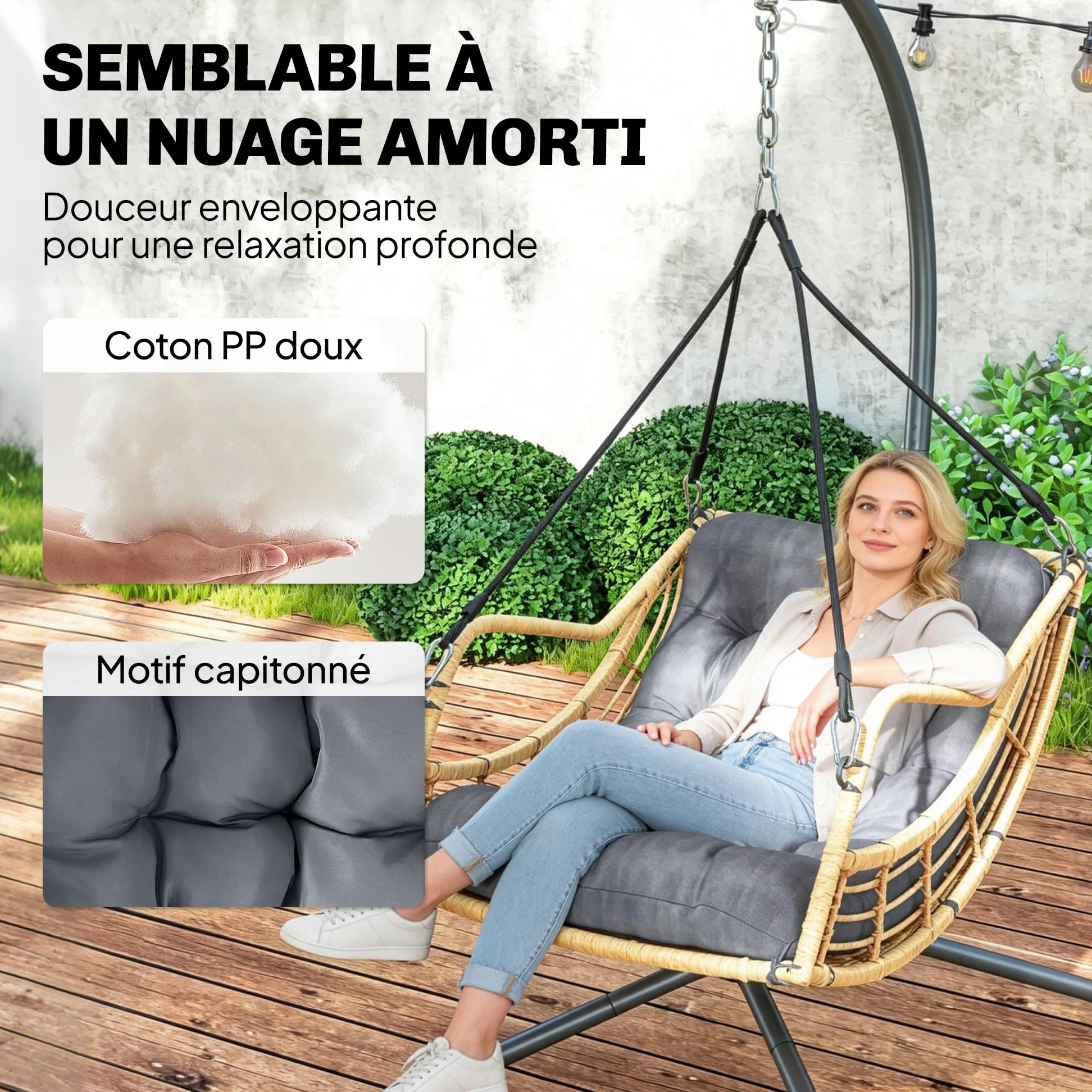Outsunny Fauteuil Suspendu en résine tressée avec Support, Chaise Suspendue, Chaise hamac balançoire, Coussin et Attache de sécurité, Hauteur réglable, Cadre en Acier, intérieur et extérieur, Gris