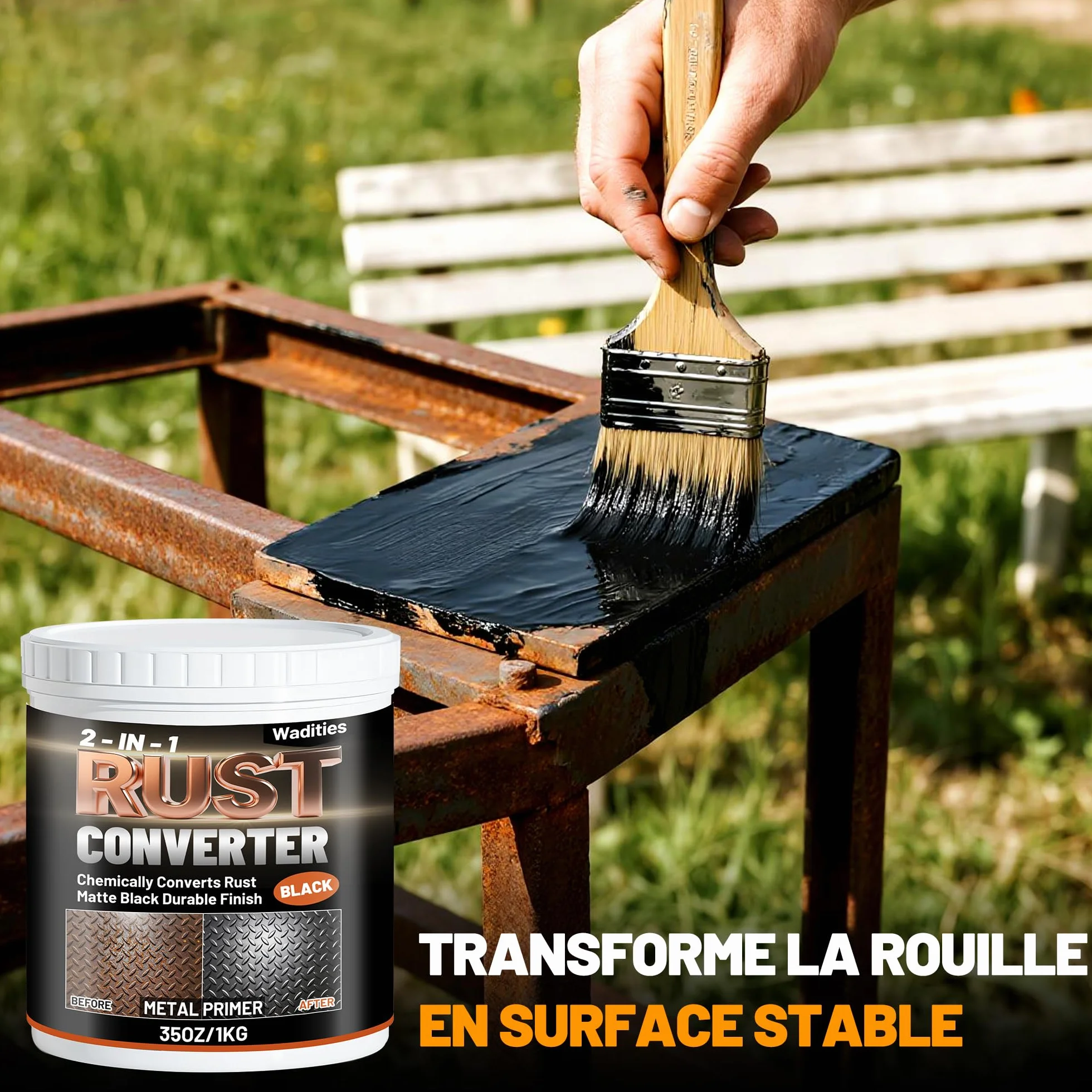 Wadities Convertisseur de rouille et apprêt métallique 2 en 1, 1kg peinture antirouille noire mate pour métal