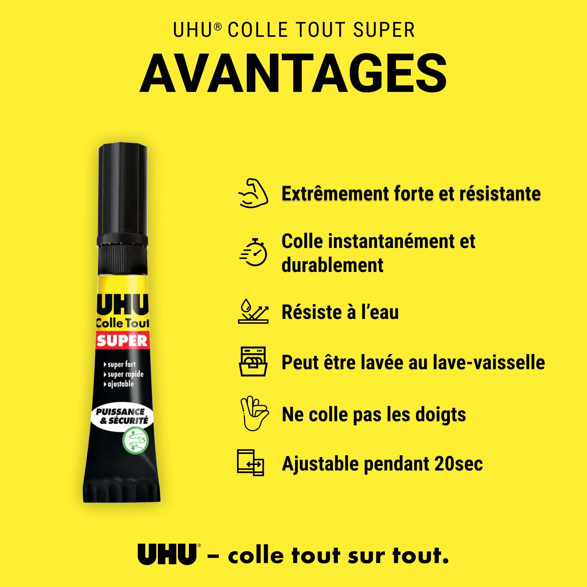 UHU Colle Tout Super Extra-Forte Universelle Tous Supports Prise Rapide Ajustable Résiste Humidité -50°C +100°C Tube 7 g