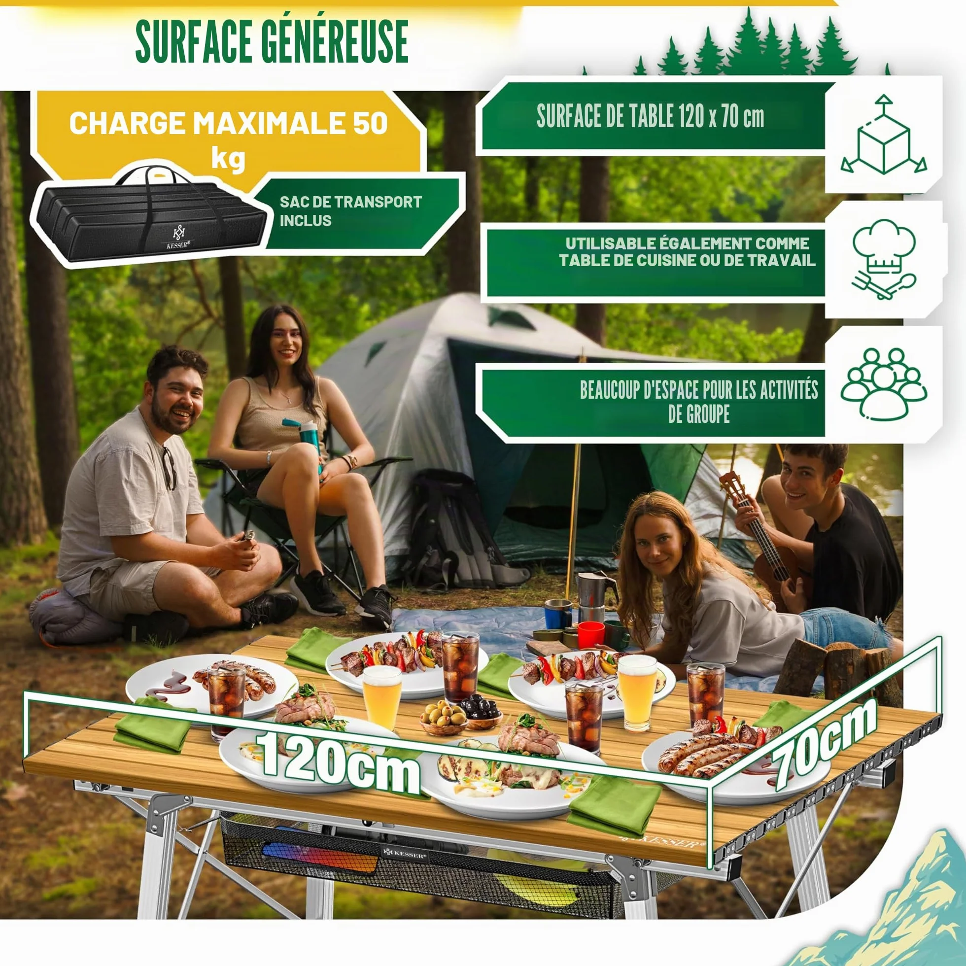 KESSER Table de camping pliable aluminium 120x70 cm réglable 100 kg avec sac de transport