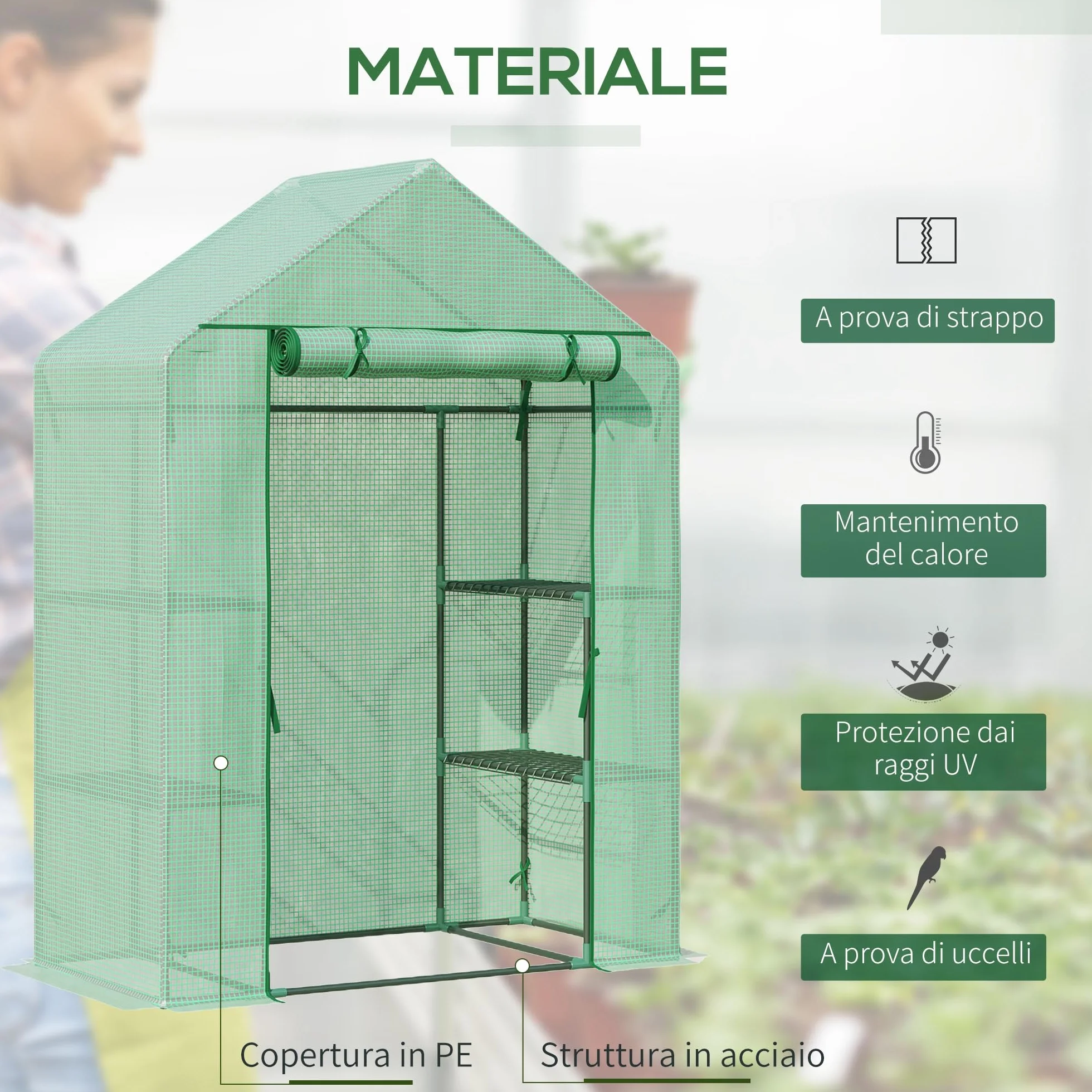 Outsunny Serre de Jardin avec Étagères 3 Niveaux, Bâche PE 140 g/㎡, Châssis Acier, 141x72x191 cm, Vert