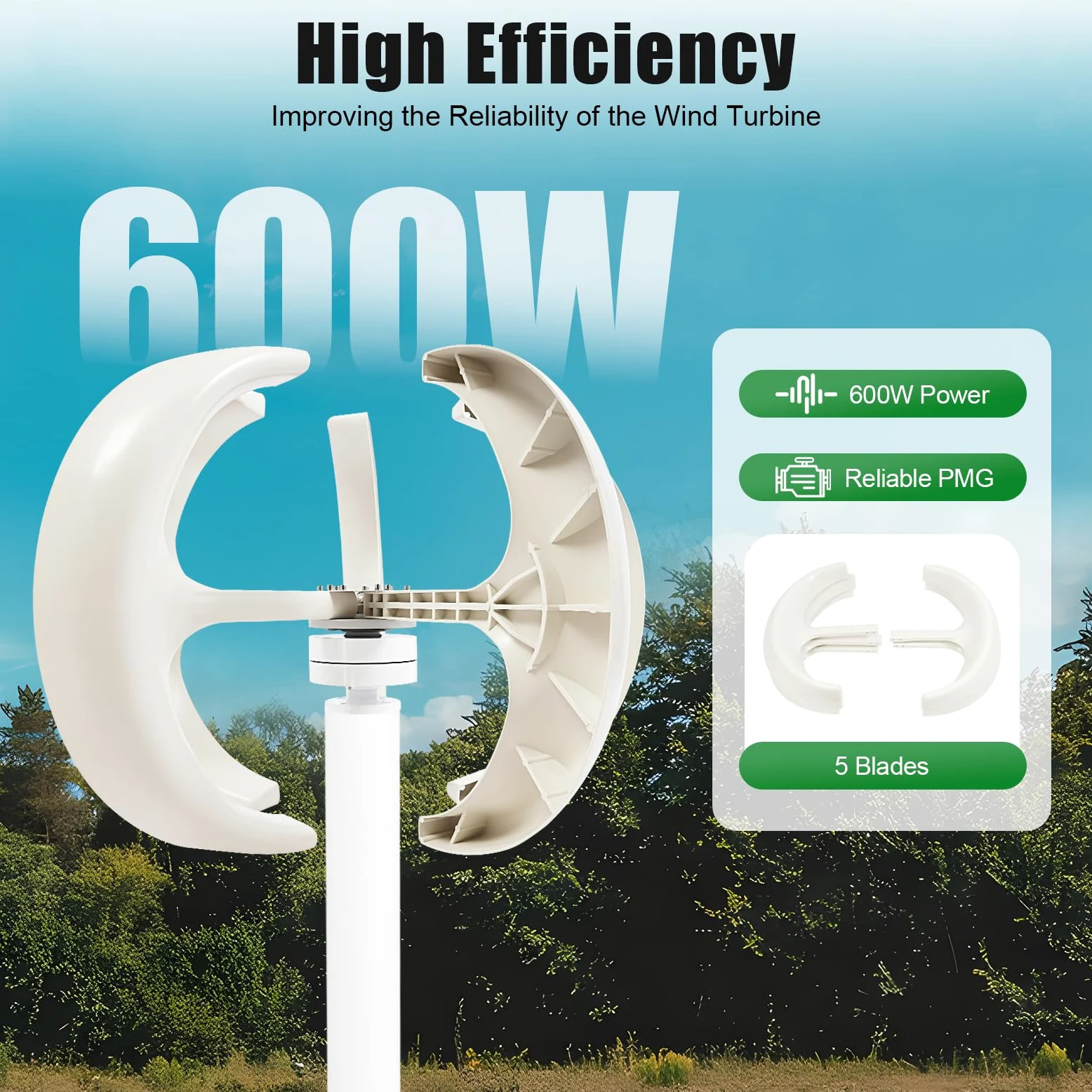 Éolienne verticale 12 V 600 W, 5 feuilles, lanterne, générateur d'éolienne avec contrôleur