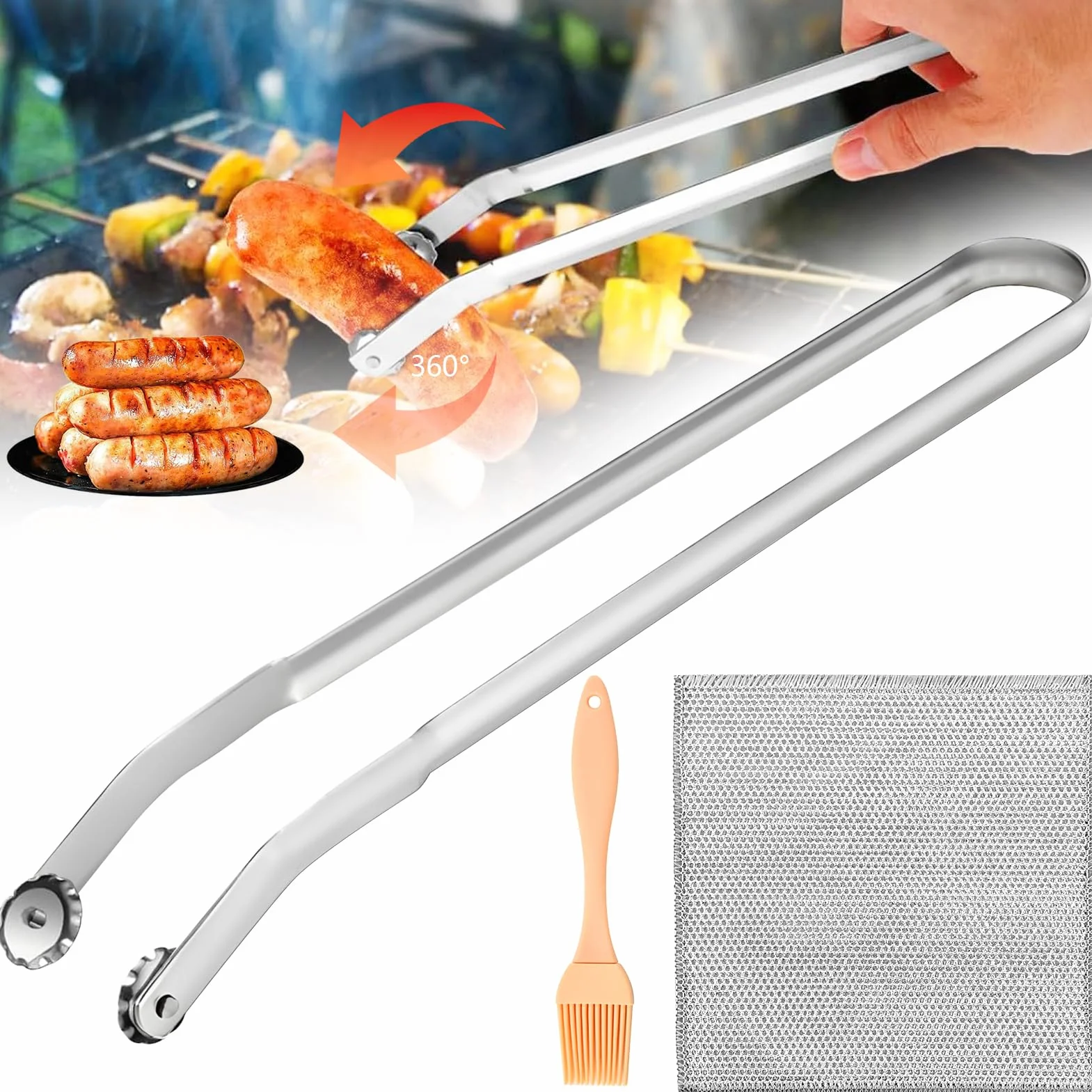 Pince à Saucisse BBQ,Pince Barbecue Roulette,Pince à Retourner les Saucisse,Pince Barbecue Inox à Roulettes,Pince Barbecue Rotative,Pour Cuisine,Barbecue