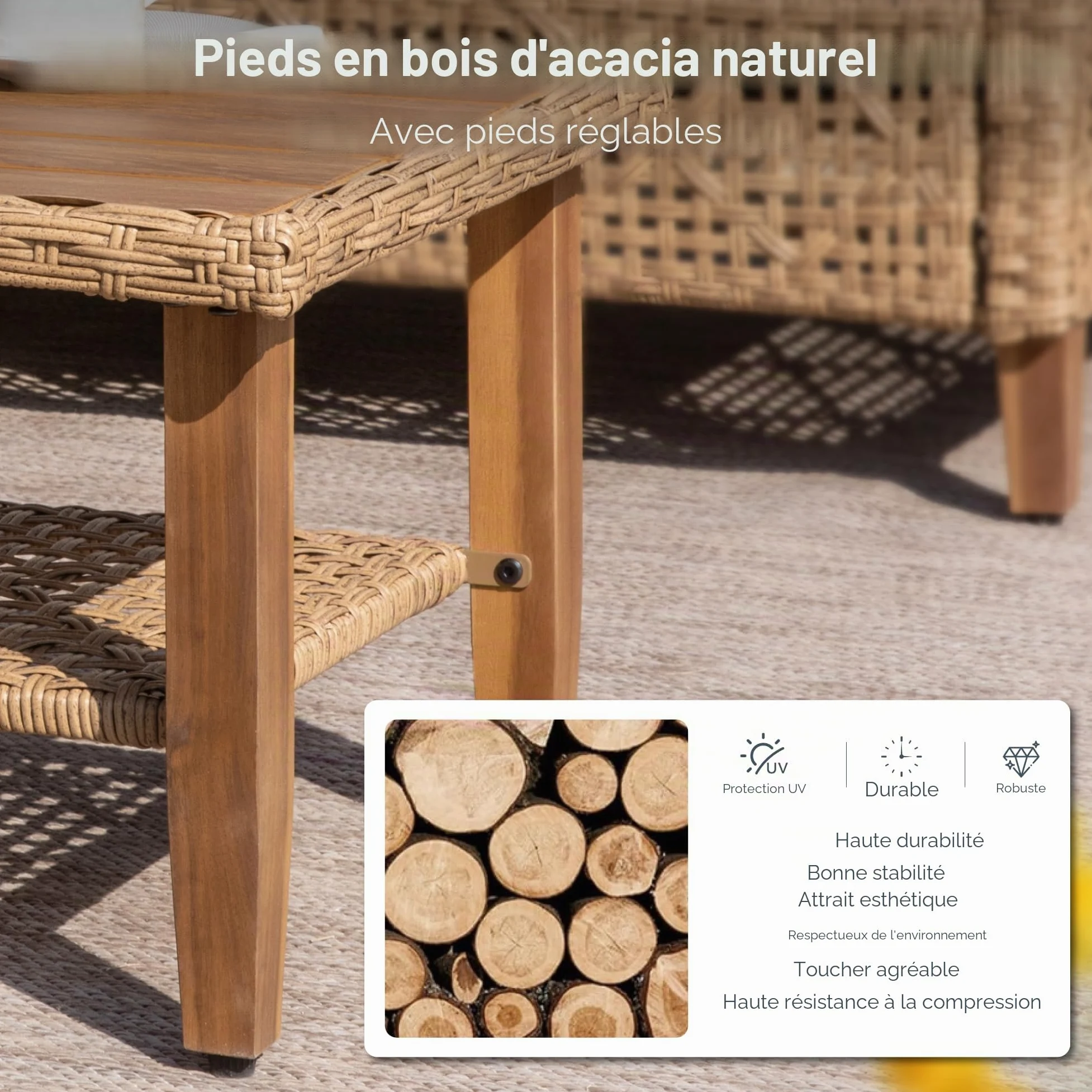 PHI VILLA Ensemble de meubles de jardin de balcon 3 pièces en rotin avec 1 méridienne, 1 canapé 2 places et 1 petite table basse, 4 personnes, meubles de terrasse d'extérieur