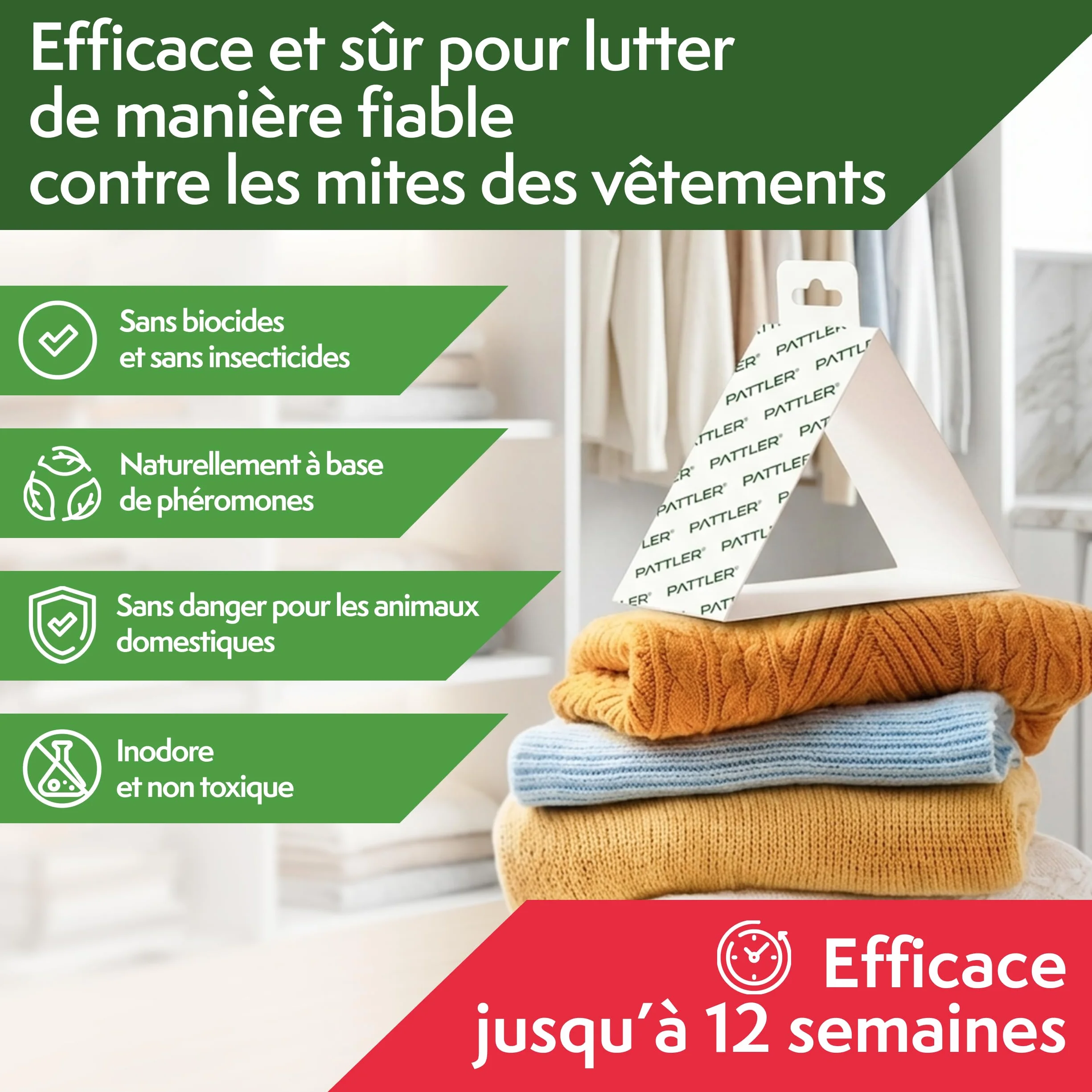 PATTLER Anti Mites Textiles avec Phéromones - 8 Pièces. Protection Anti Mites Vetements pour Armoire Vetement et Penderie, Pièges Adhésifs pour la Détection et Le Contrôle des Mites Textiles.