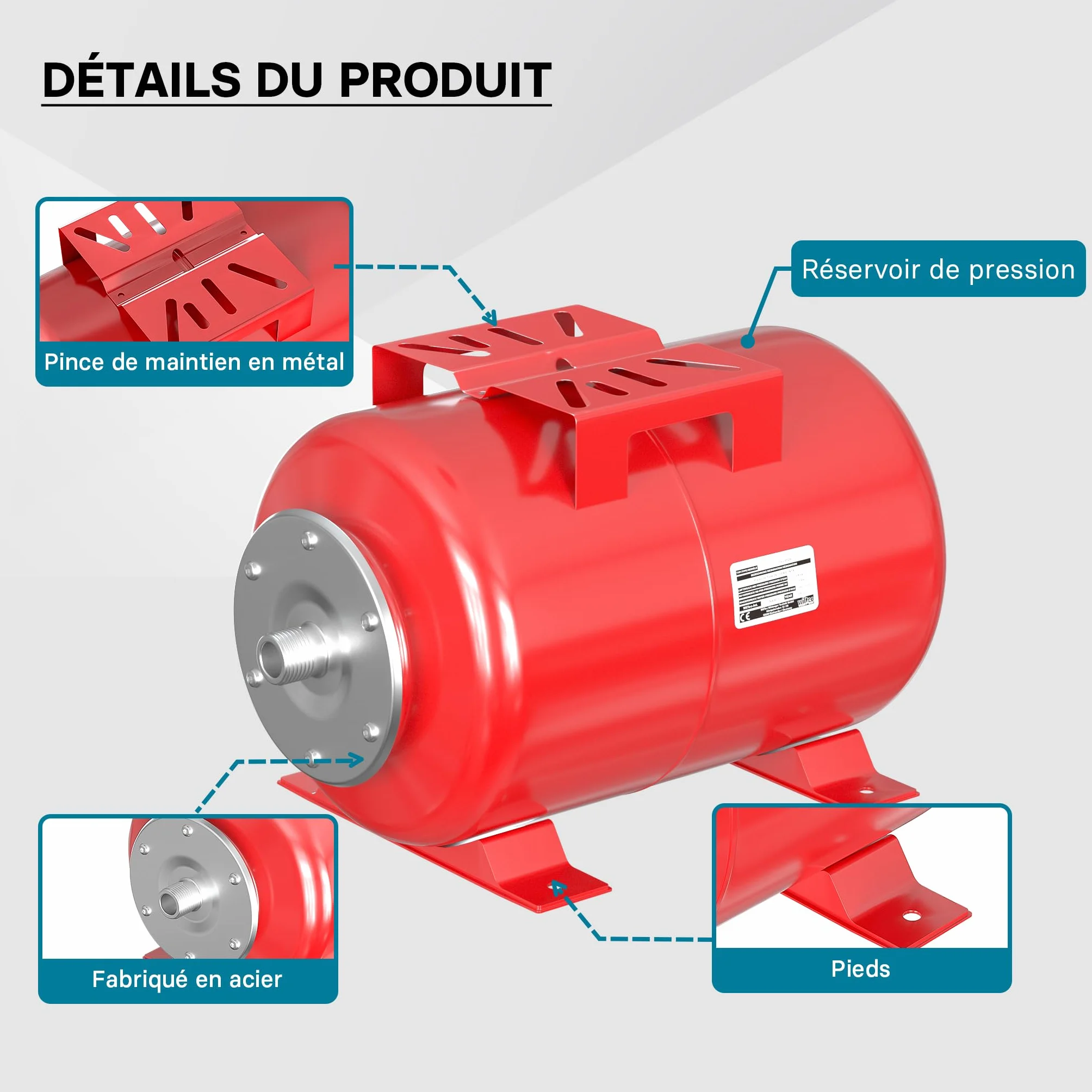 Wiltec Réservoir pression à vessie 24 Litres Acier horizontal Surpresseur eau domestique