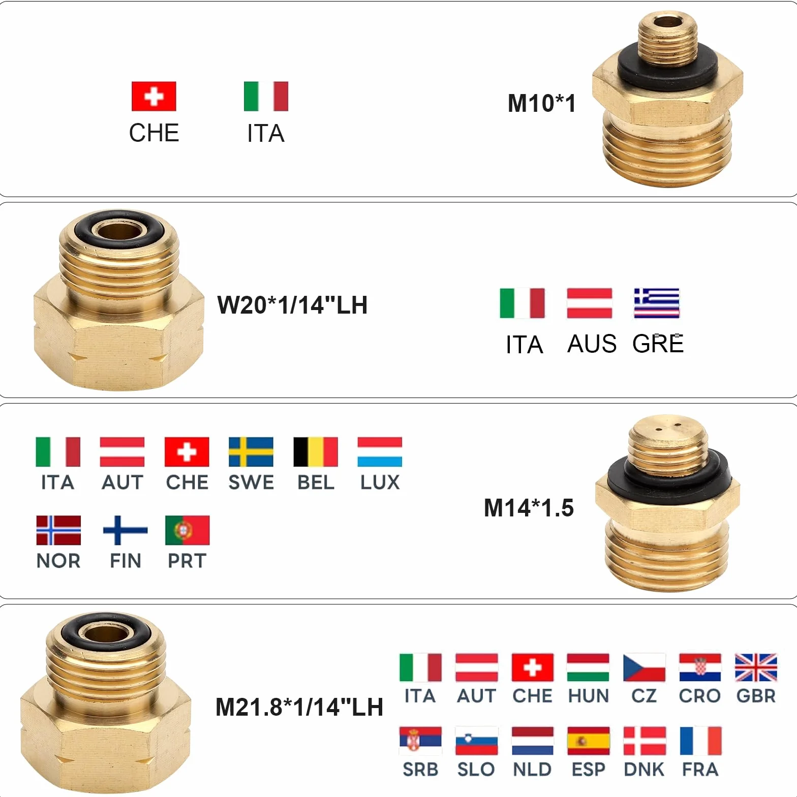Adaptateur gaz Allemand Kit de 4 adaptateurs pour Adaptateur Bouteille gaz raccord gaz en Laiton pour Le raccordement de détendeurs à des Bouteilles de gaz étrangères