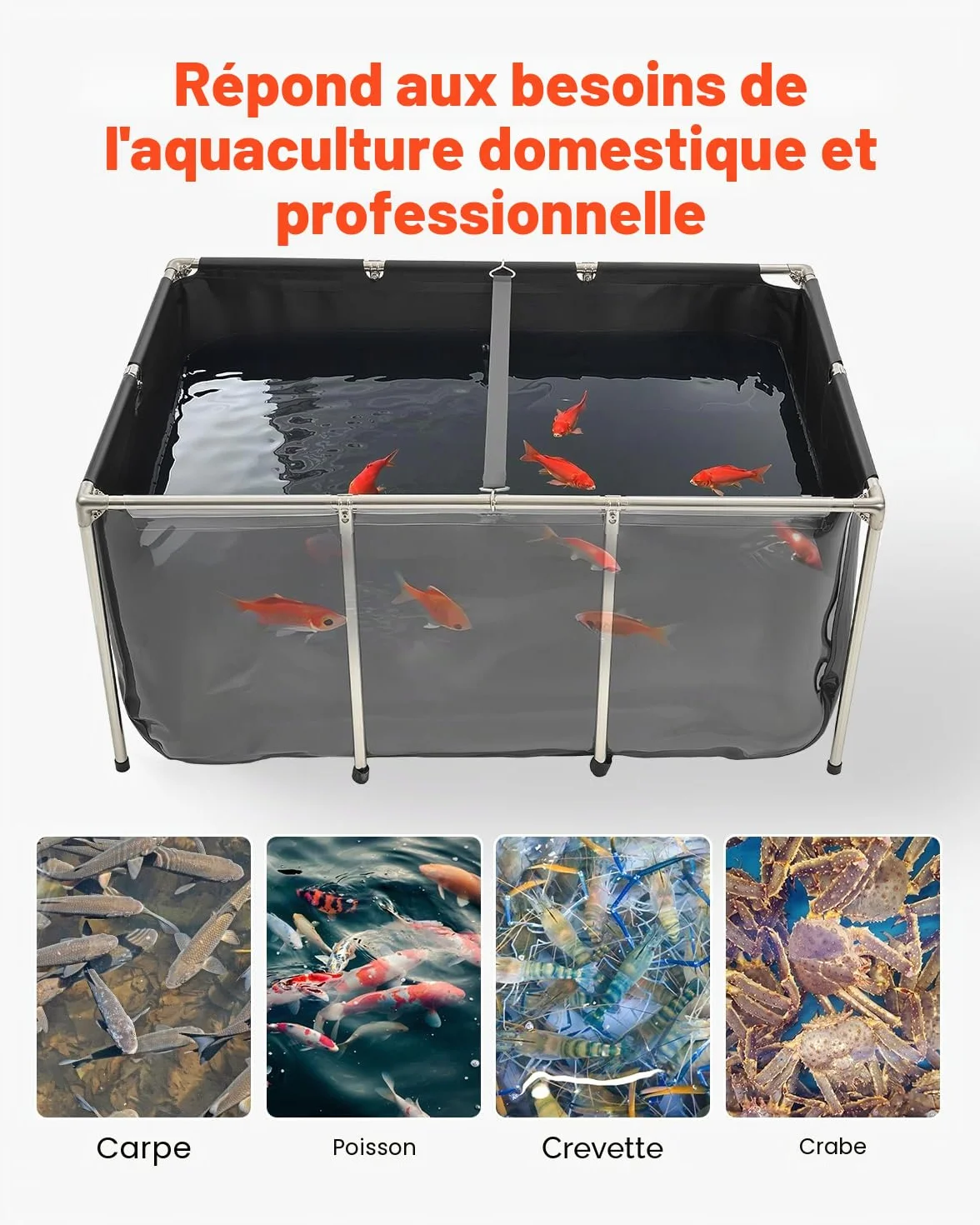 VEVOR Bassin à Poissons Hors Sol 1023,3 L PVC Toile avec Panneau Transparent Cadre Acier Inoxydable Vanne de Vidange Noir