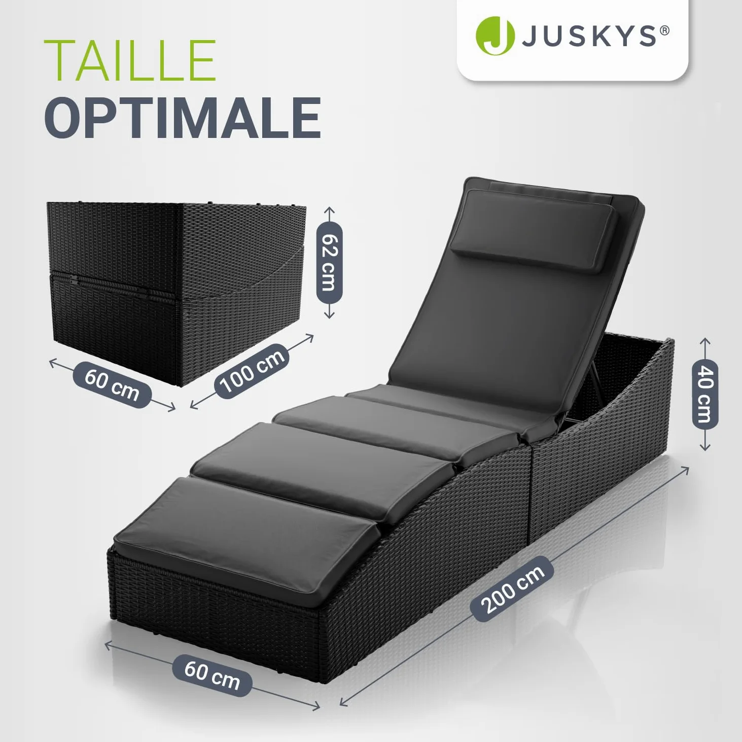 Juskys Chaise Longue de Jardin Lamia Pliante, en polyrotin, avec Support, appuie-tête réglable, Charge maximale de 160 kg - Chaise Longue extérieure de Jardin et Balcon, Noir