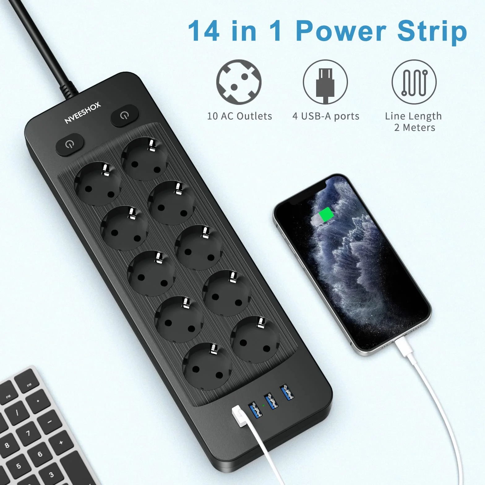 Multiprise Electrique 10 Prises 4 Ports USB Parafoudre 16A/3680W Câble 2M Noir