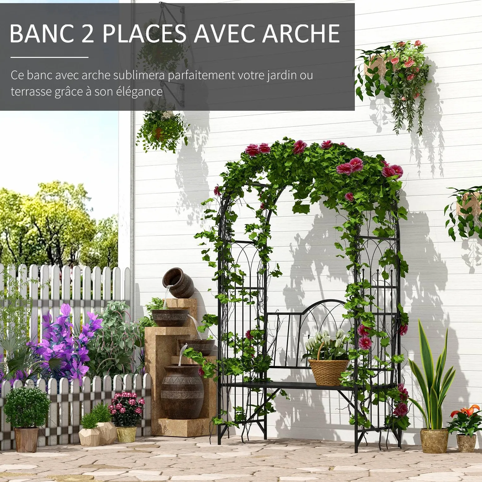 Outsunny Arche à rosiers Banc de Jardin 2 Places 2 en 1 dim. 115L x 59l x 203H cm métal époxy Noir