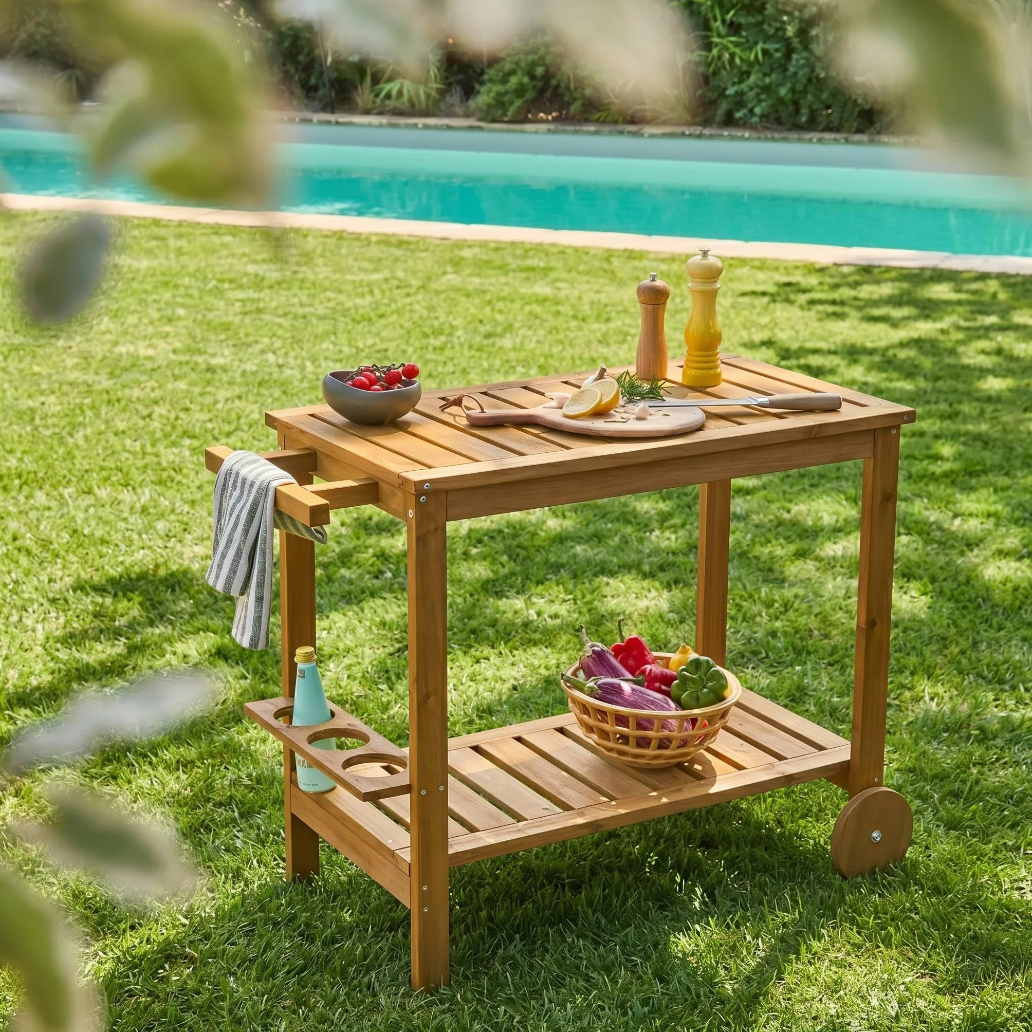 sweeek Desserte extérieure 95 cm en Bois avec Roues et poignée Naturel 95x47x74 cm