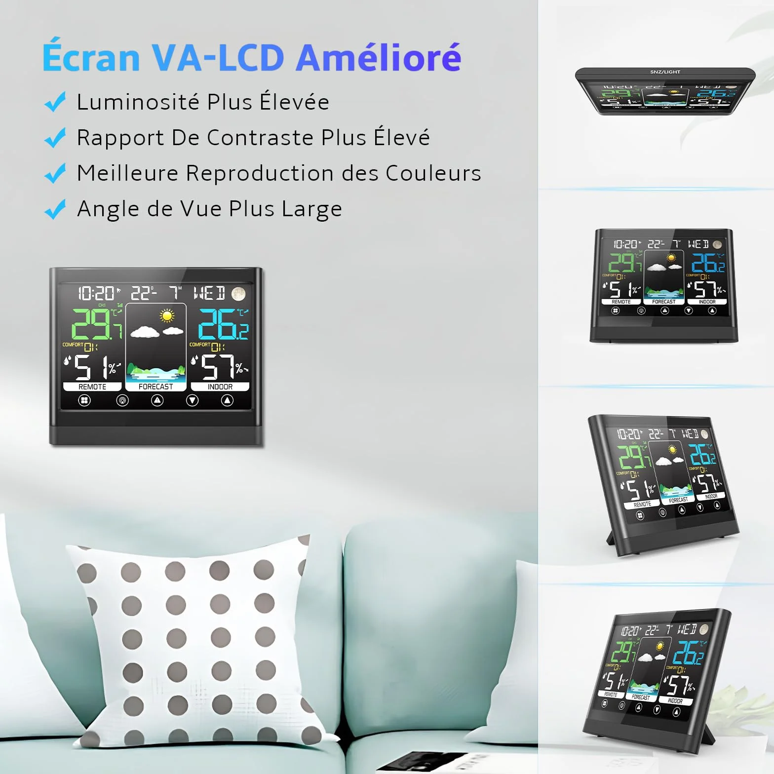 Station Météo Intérieur Extérieur Sans Fil avec Capteur Thermomètre Hygromètre LCD Écran Couleur Alerte Température Prévisions DCF Radio