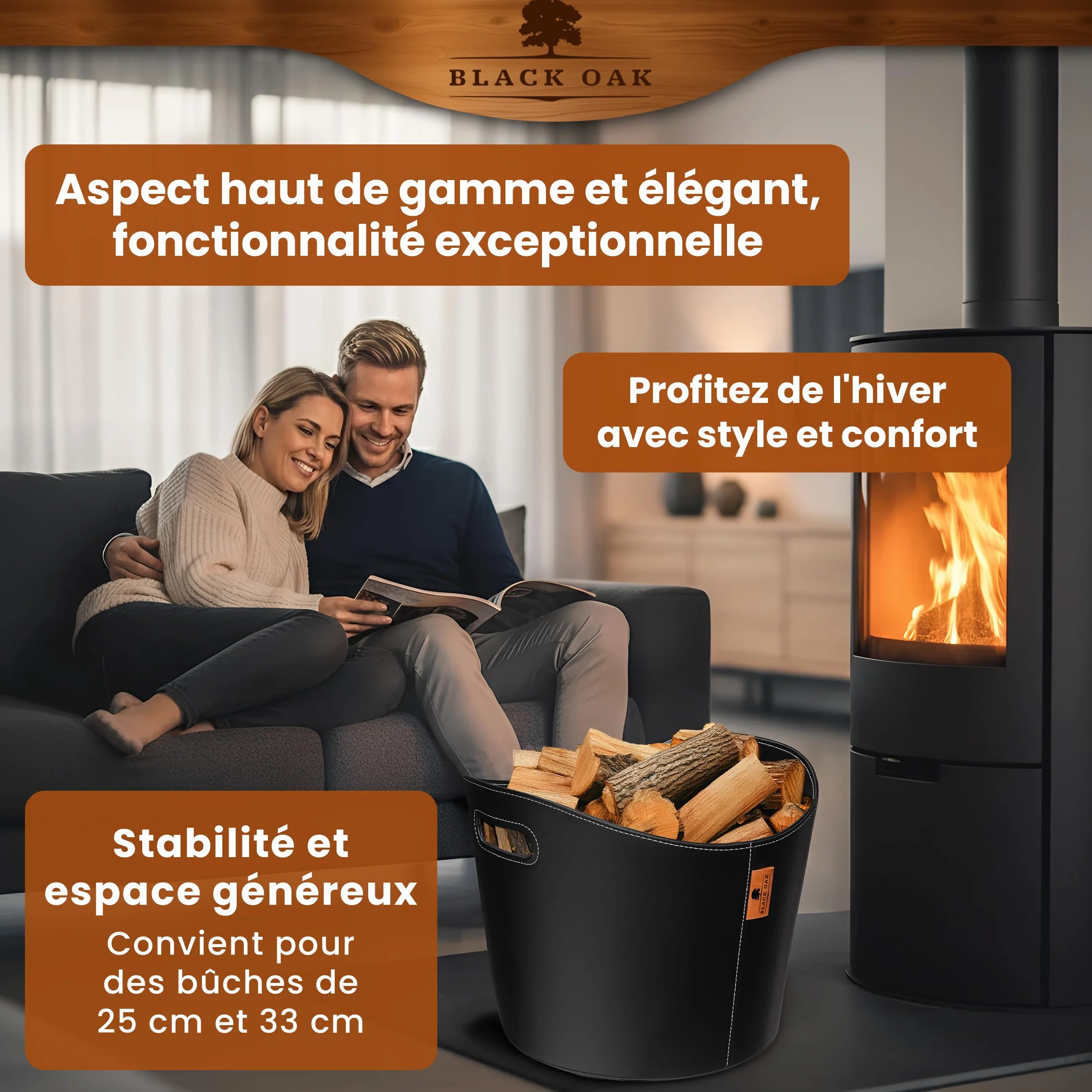 BLACK OAK DAKOTA L 40L Panier pour bois de cheminée en cuir synthétique noir - Capacité de charge 30kg - 40 litres 40x38x32cm - Panier pour bois de cheminée en bois Sac pour bois de chauffage Panier