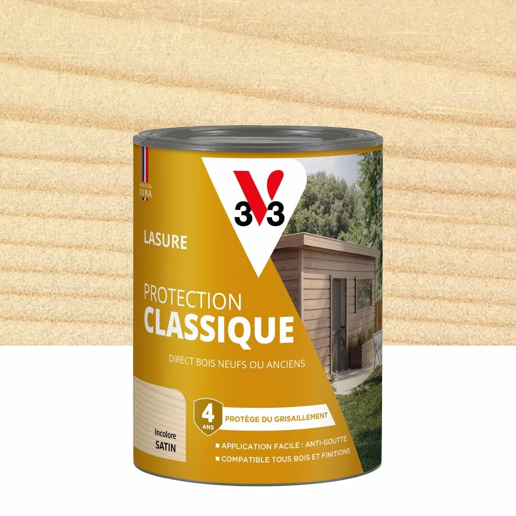 V33 Lasure Bois extérieur Incolore 0,75L Protection Classique 4 ans Anti-goutte