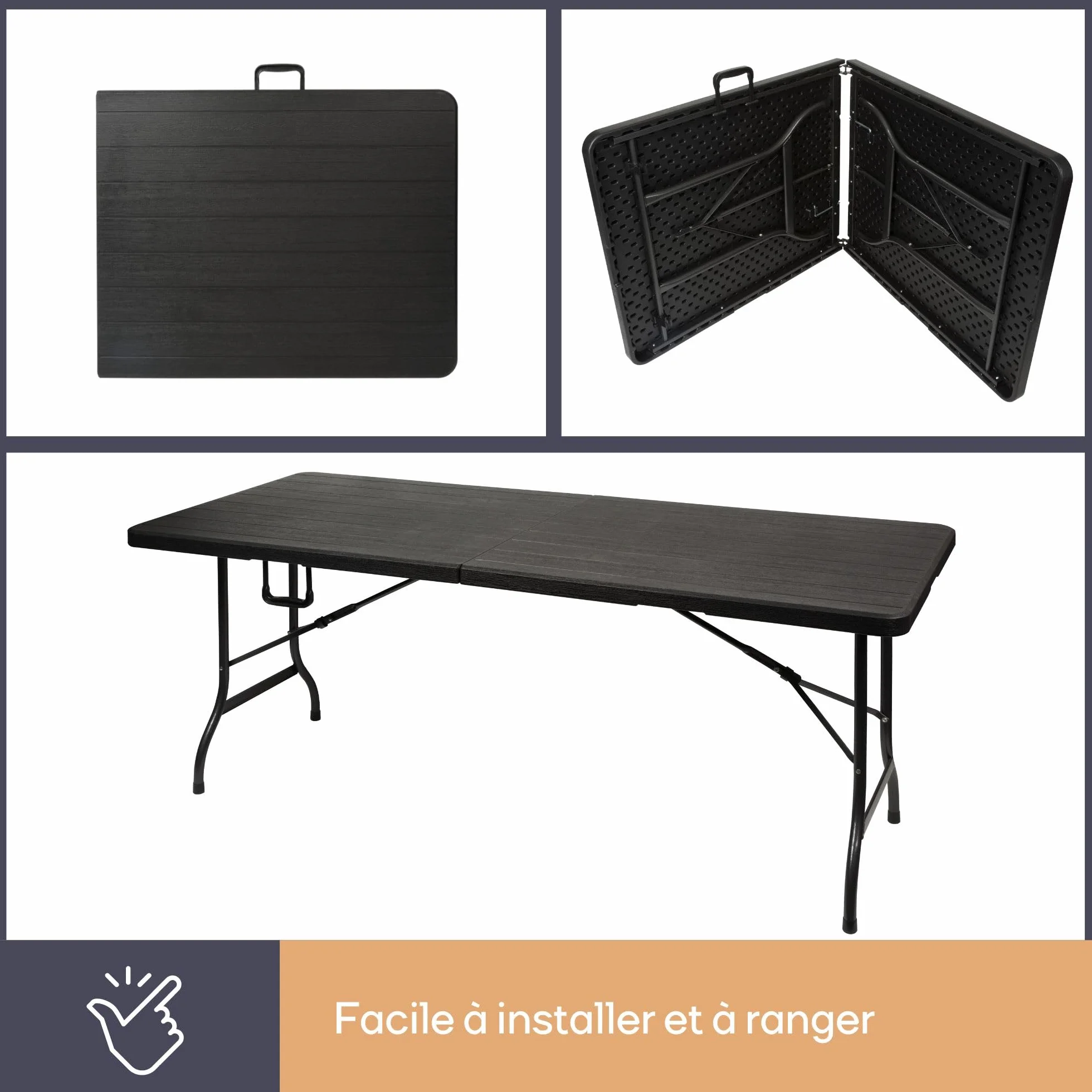 Perel Table Pliante Résistante aux Intempéries Imitation Bois 100 kg Noir