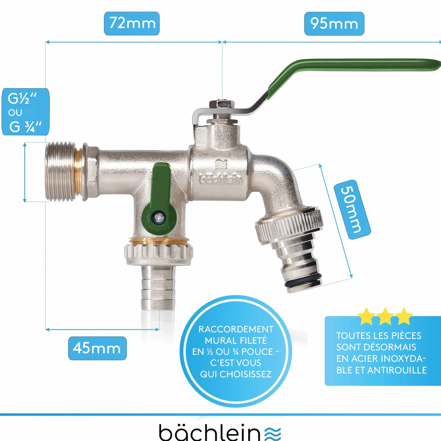 Bächlein Robinet Universel Double Jardin 2 Raccordements Tuyau Boisseau Sphérique 1/2 3/4 Pouces Sortie Extérieur