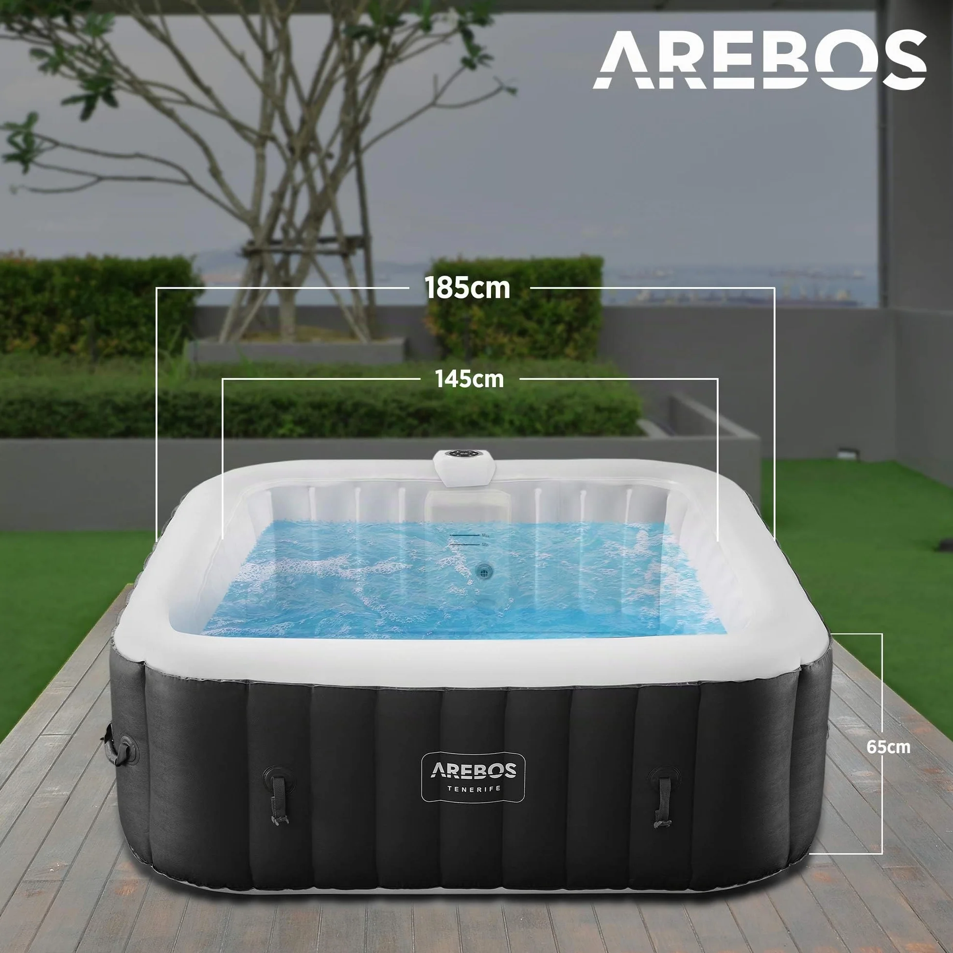 Arebos Spa Gonflable 185x185cm 6 Personnes 130 Jets LED Bulles Massage Automatique